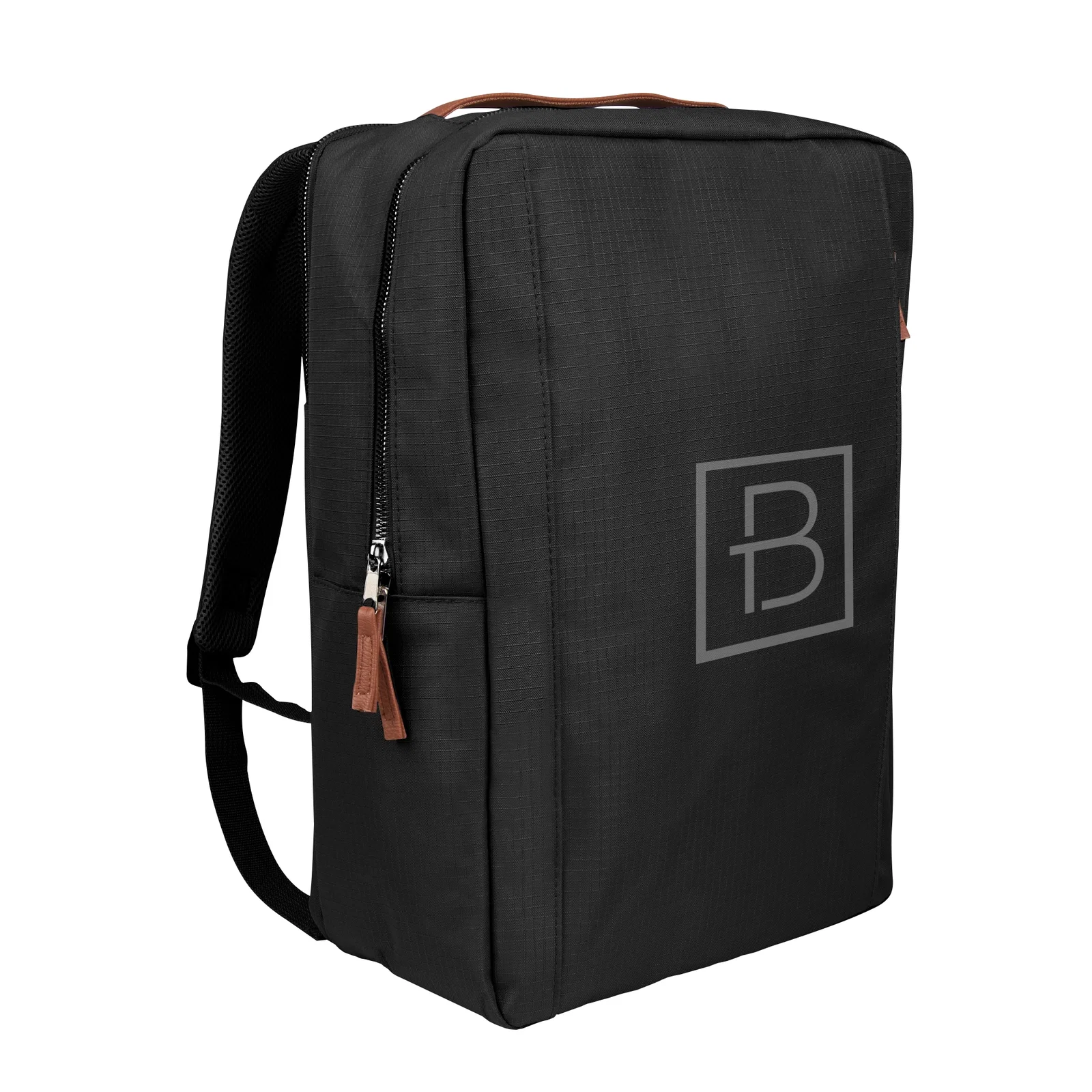Laptop backpack standing upright with its shoulder straps visible