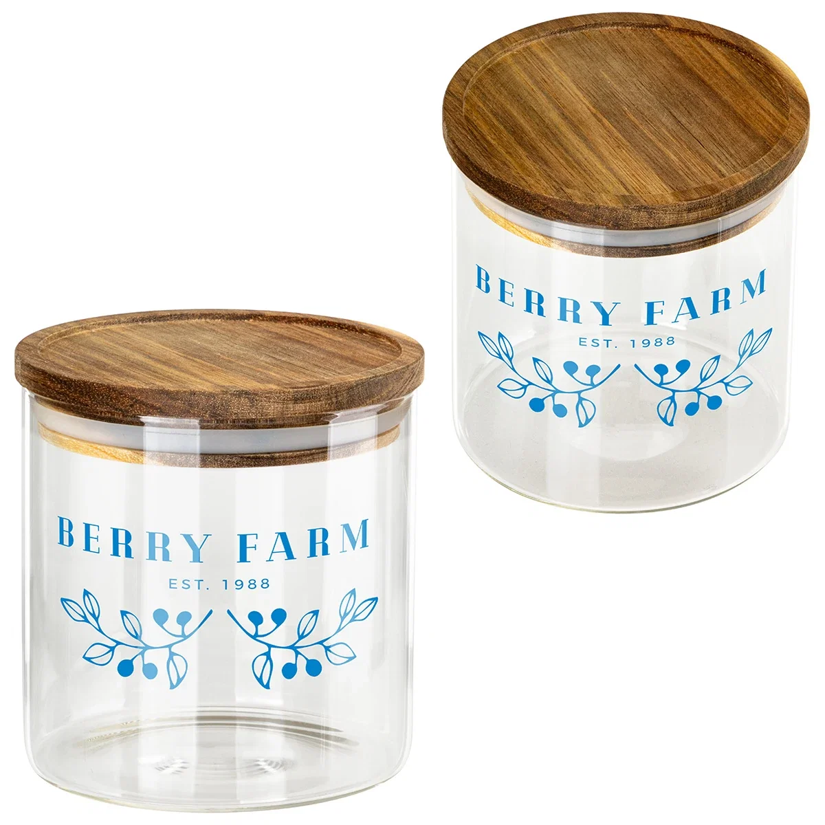 Custom Corsica 22 oz Glass Canister, front view of the branded canister with acacia lid