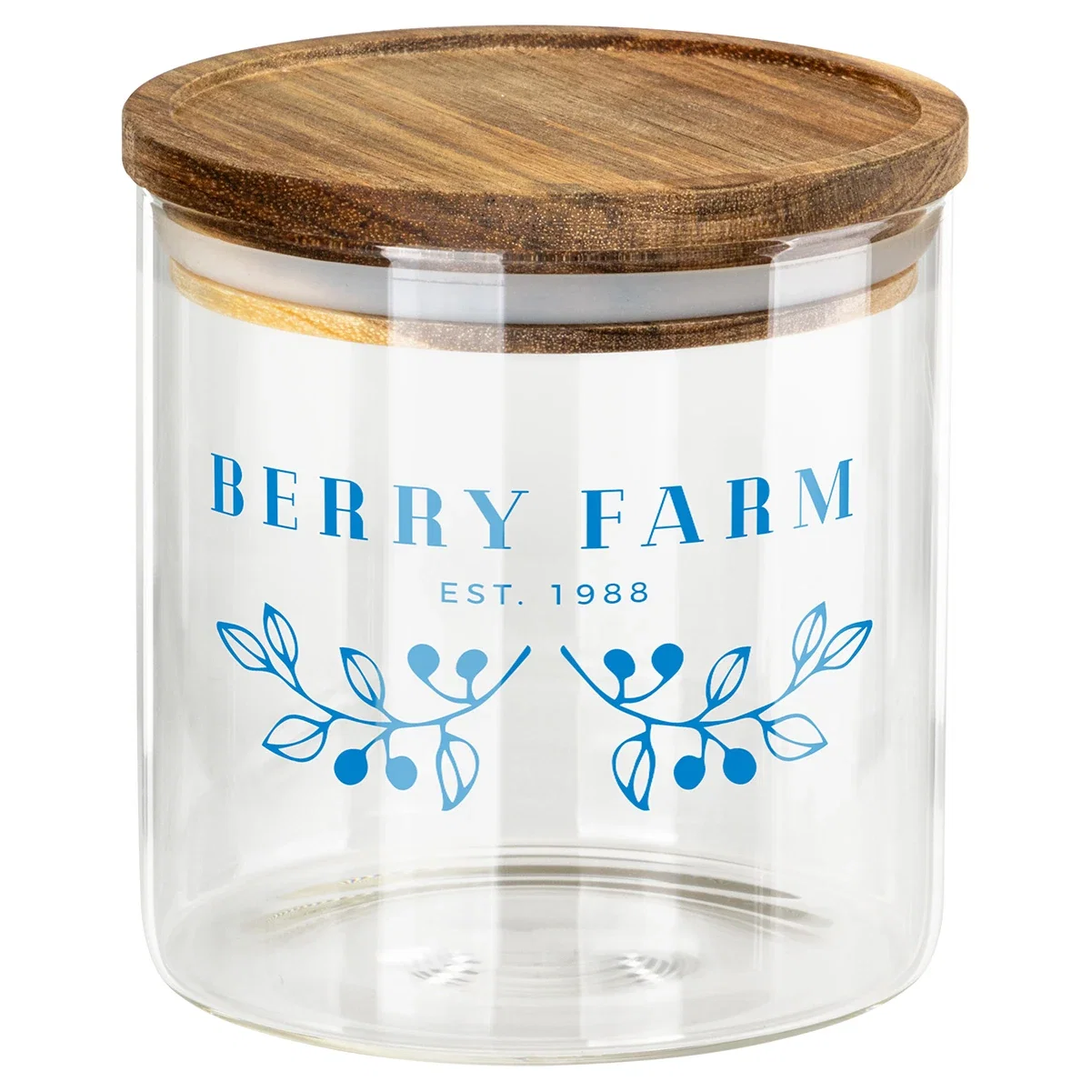 Corsica Glass Canister shown open to display the acacia wood lid