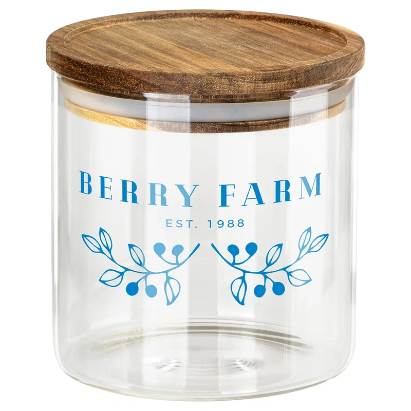 Corsica Glass Canister shown open to display the acacia wood lid
