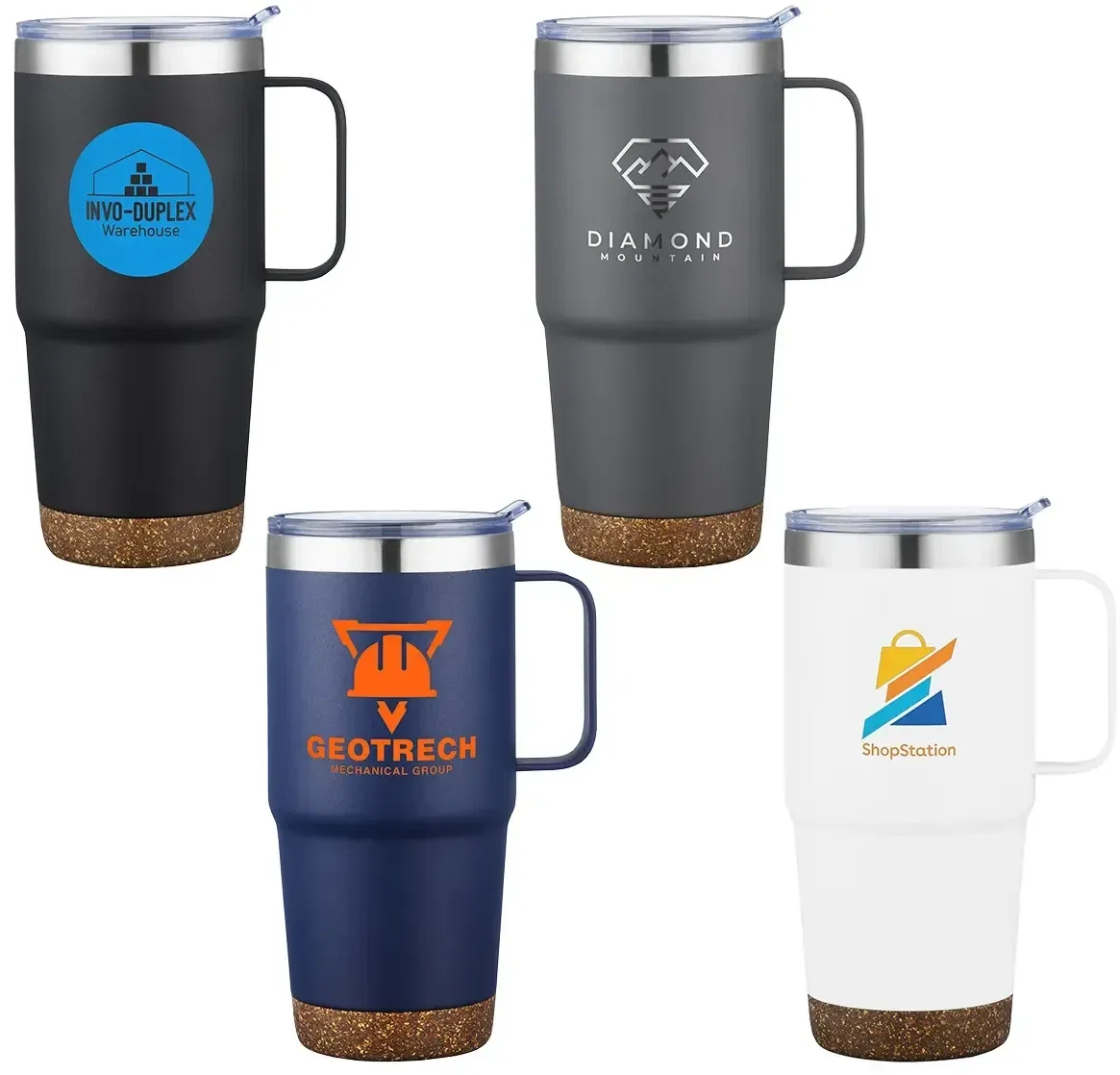 Cortina custom cork-base insulated travel mug with branded logo, front view
