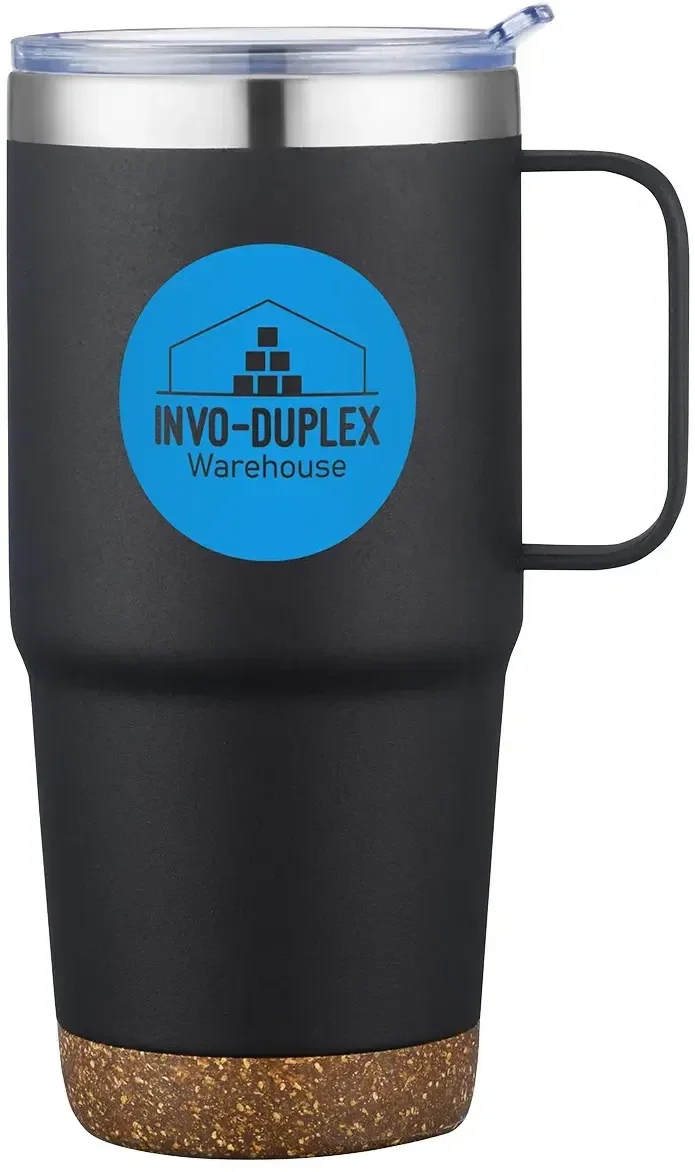 Branded promotional Cortina travel mug showing natural cork base accent
