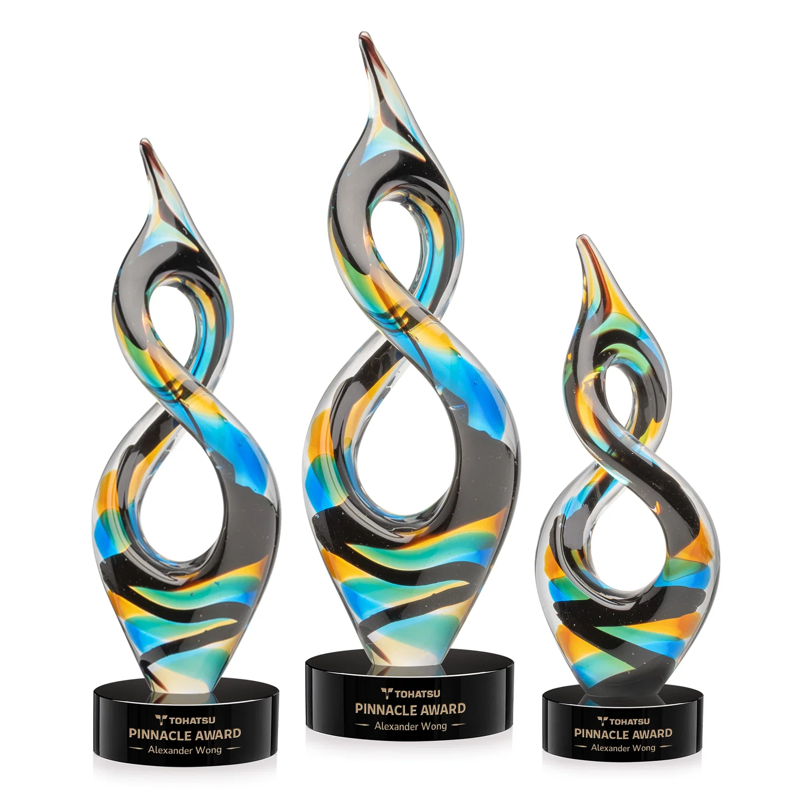 Custom Glass Infinity Award With Blue, Teal, Amber, and Black Ribbons for employee recognition