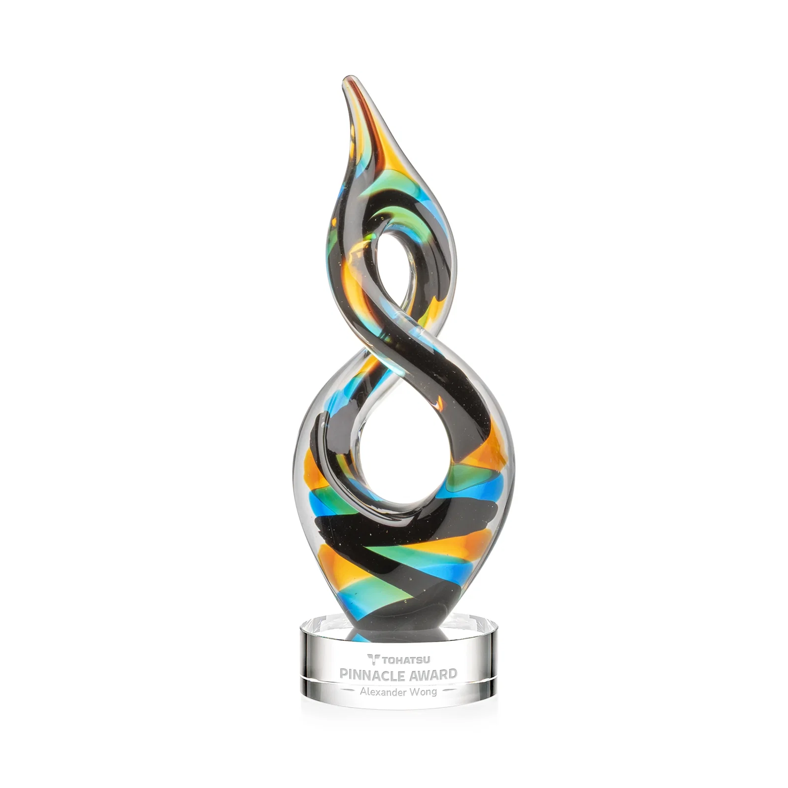 Custom Glass Infinity Award With Blue, Teal, Amber, and Black Ribbons for volunteer appreciation