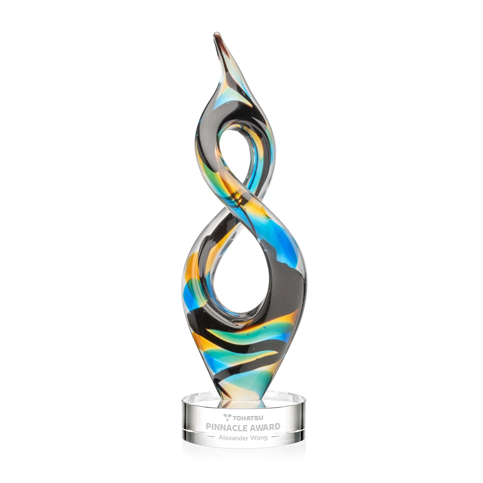 Custom Glass Infinity Award With Blue, Teal, Amber, and Black Ribbons for dealer and partner awards