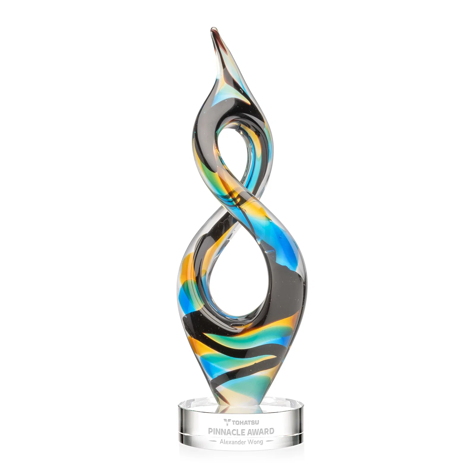 Custom Glass Infinity Award With Blue, Teal, Amber, and Black Ribbons for company anniversary events