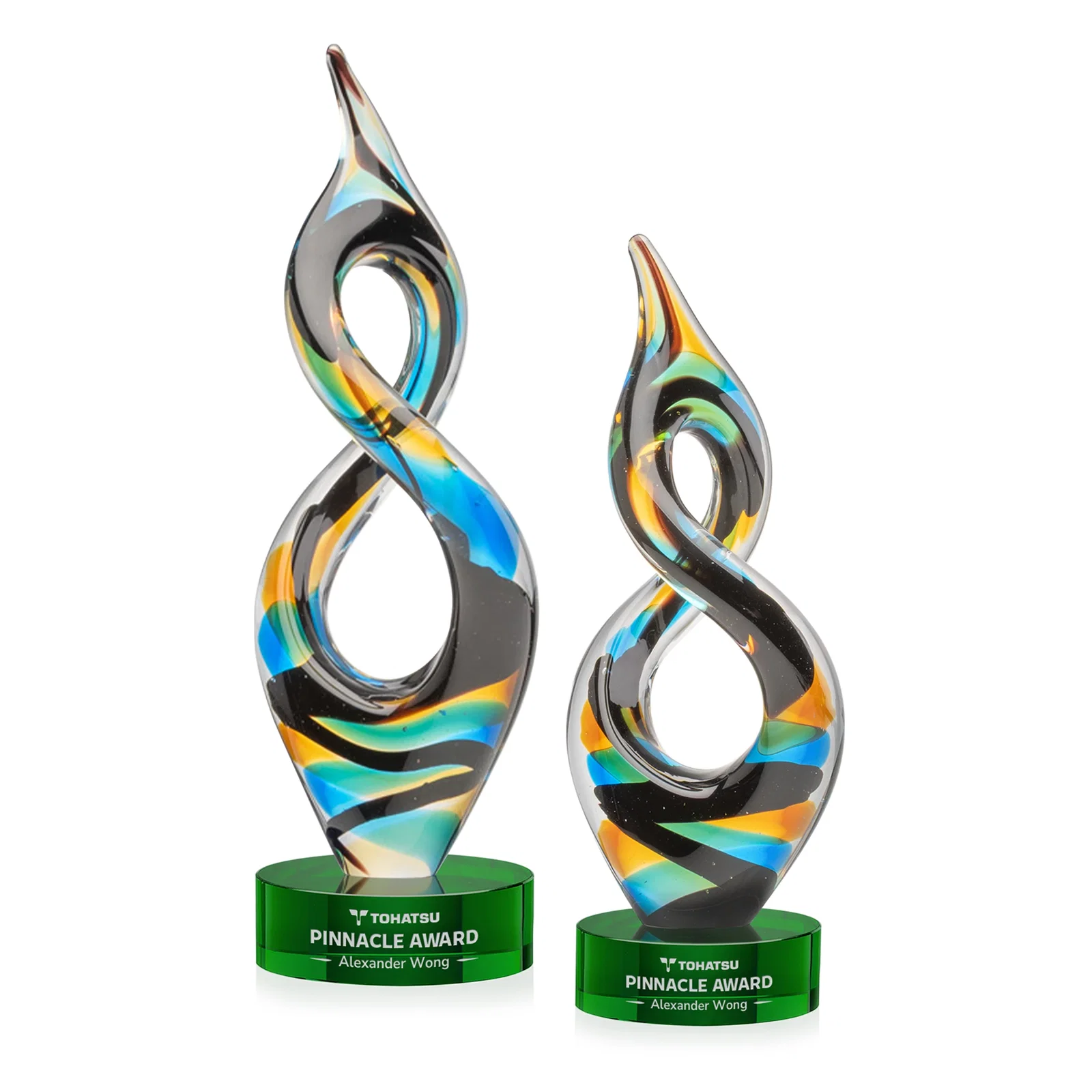 Personalized Glass Infinity Award With Blue, Teal, Amber, and Black Ribbons for employee recognition