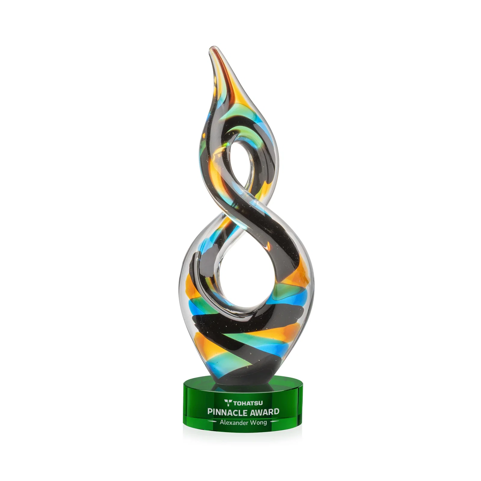 Personalized Glass Infinity Award With Blue, Teal, Amber, and Black Ribbons for corporate award ceremonies