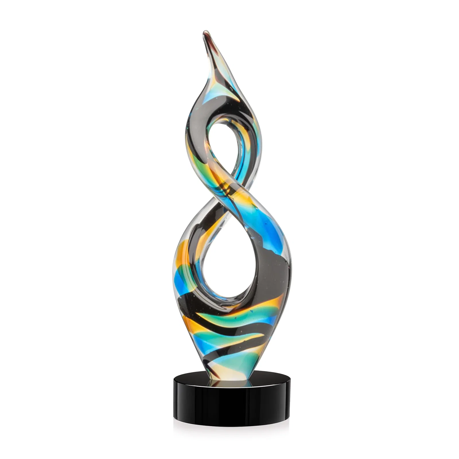 Personalized Glass Infinity Award With Blue, Teal, Amber, and Black Ribbons for retirement presentations