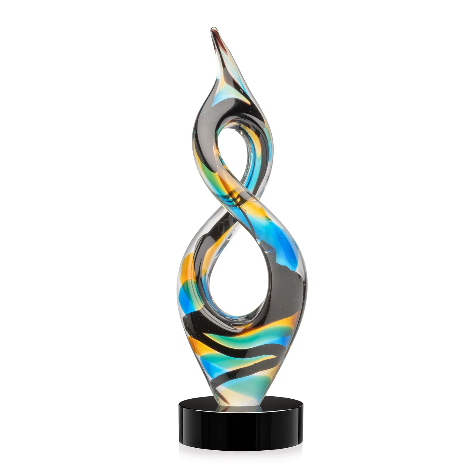Personalized Glass Infinity Award With Blue, Teal, Amber, and Black Ribbons for team milestone celebrations
