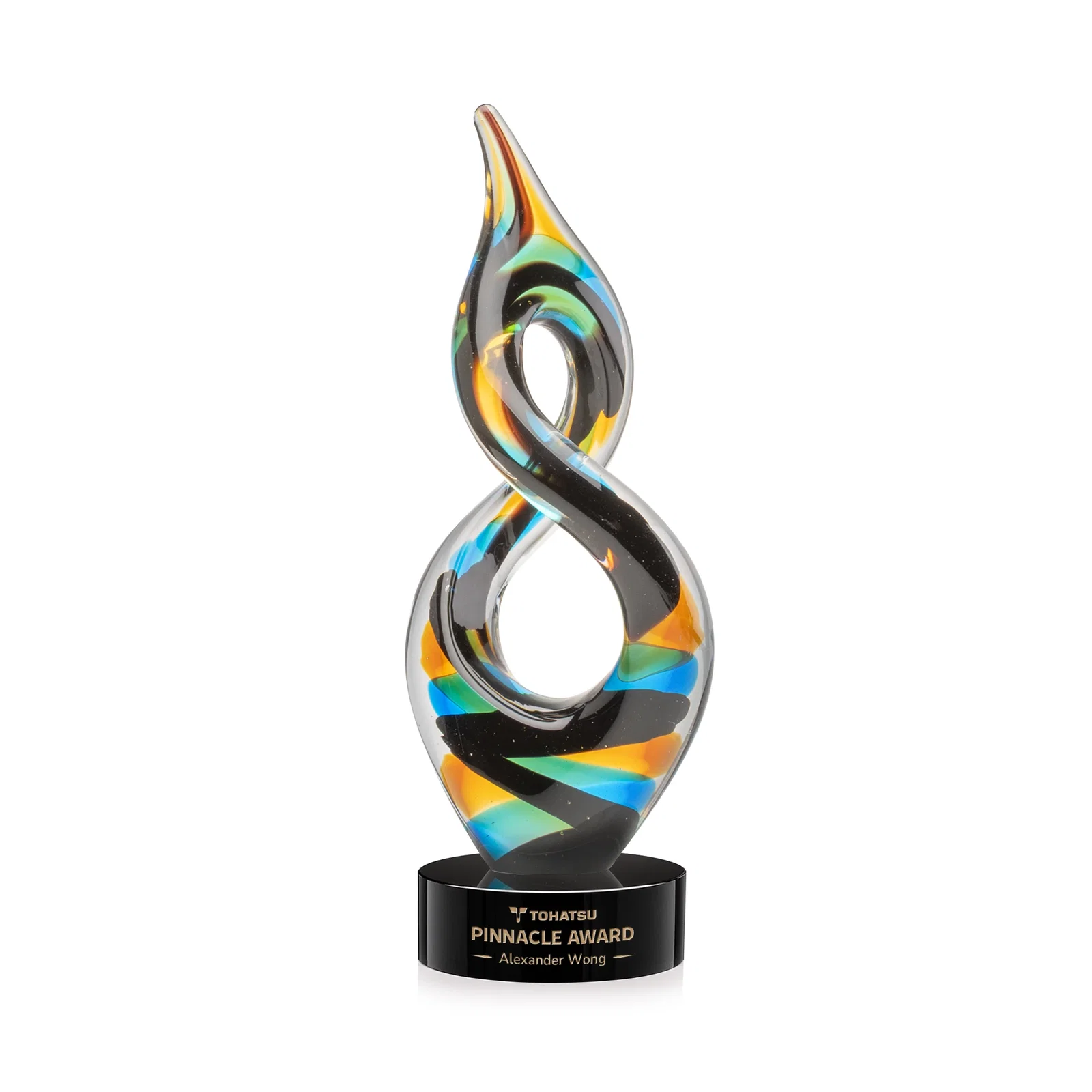 Custom Glass Infinity Award With Blue, Teal, Amber, and Black Ribbons for corporate award ceremonies