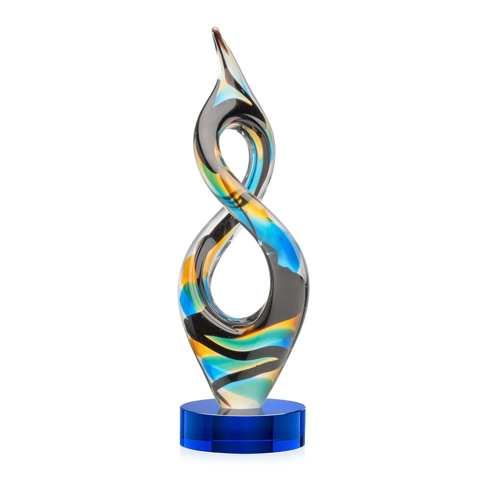 Personalized Glass Infinity Award With Blue, Teal, Amber, and Black Ribbons for safety achievement programs