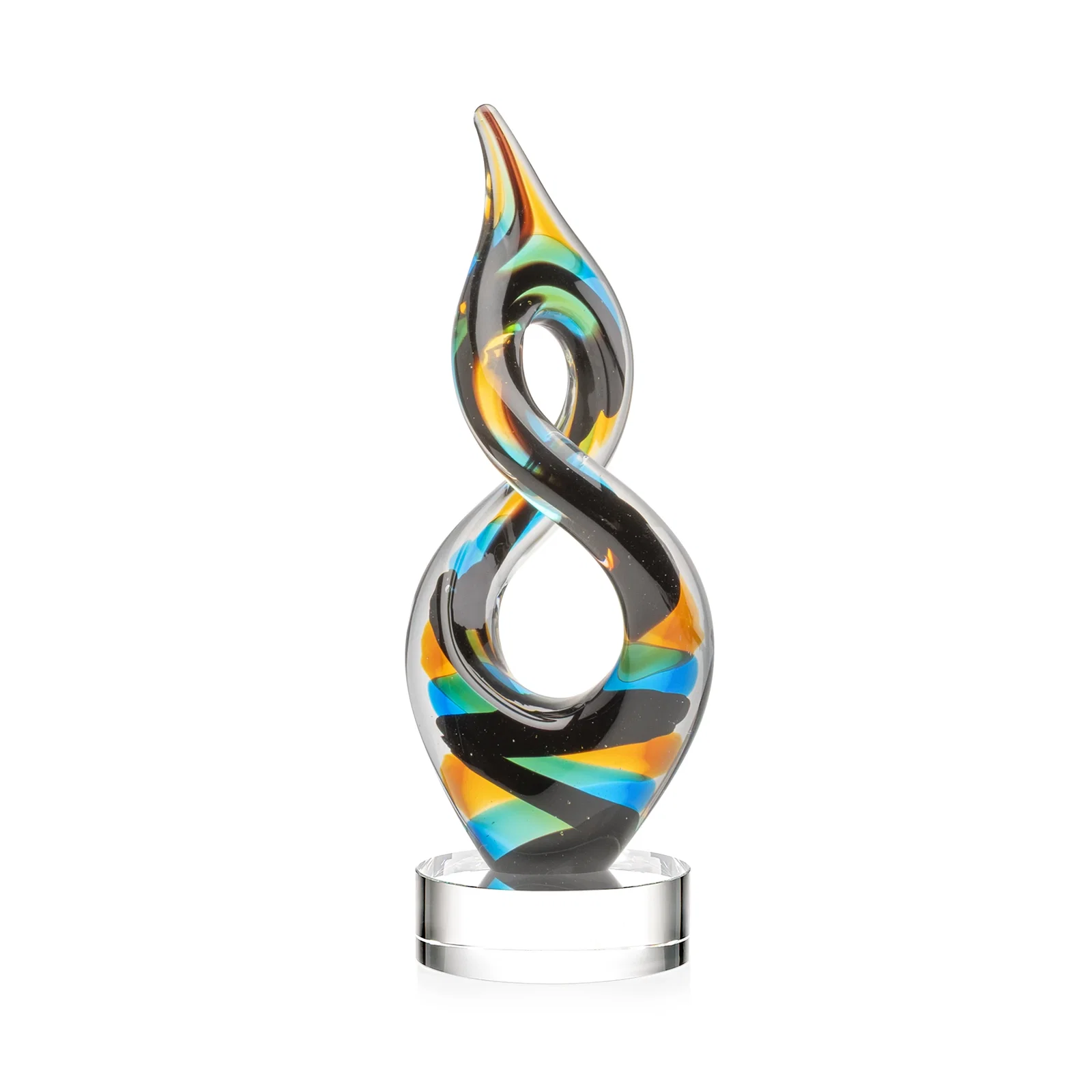 Personalized Glass Infinity Award With Blue, Teal, Amber, and Black Ribbons for volunteer appreciation