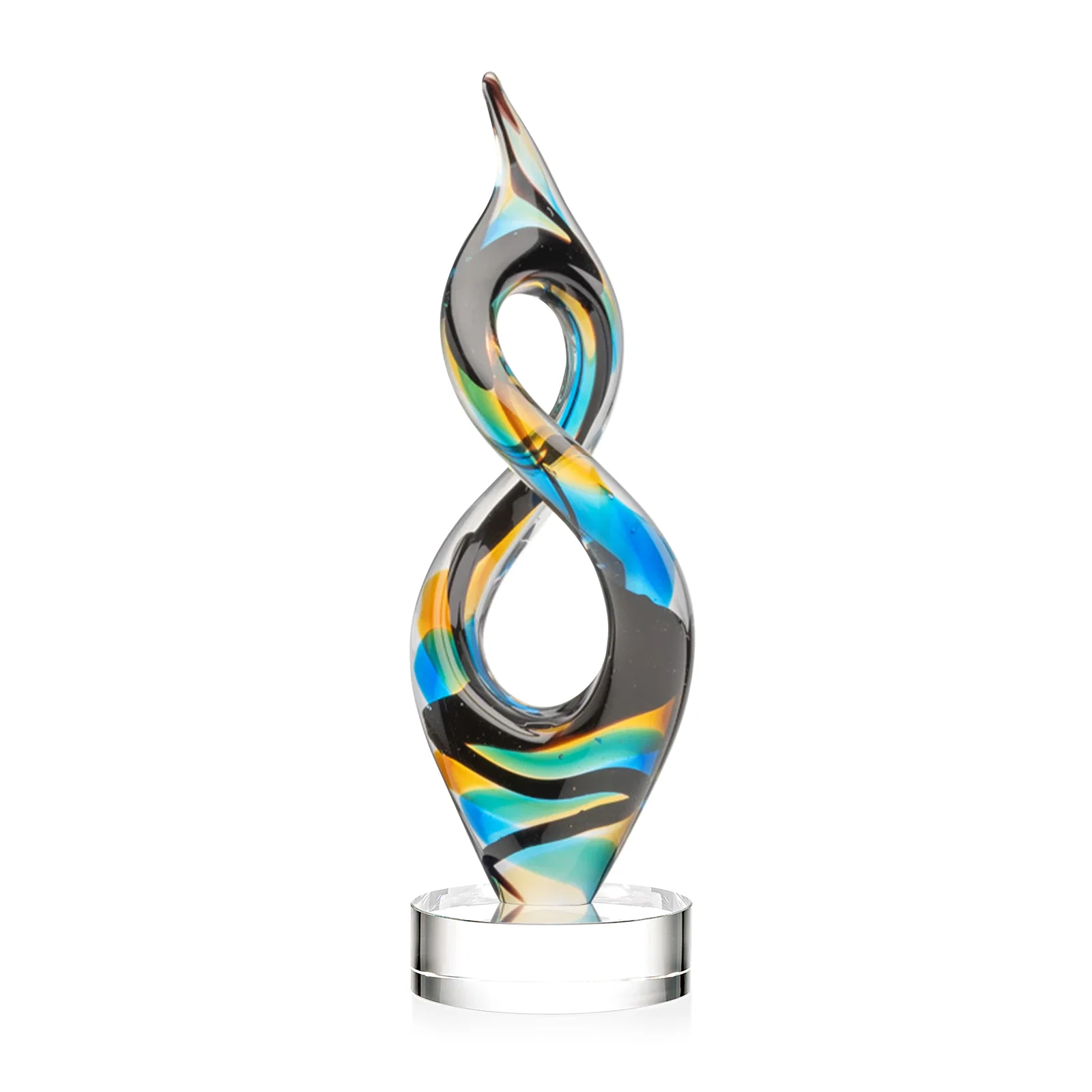 Personalized Glass Infinity Award With Blue, Teal, Amber, and Black Ribbons for dealer and partner awards