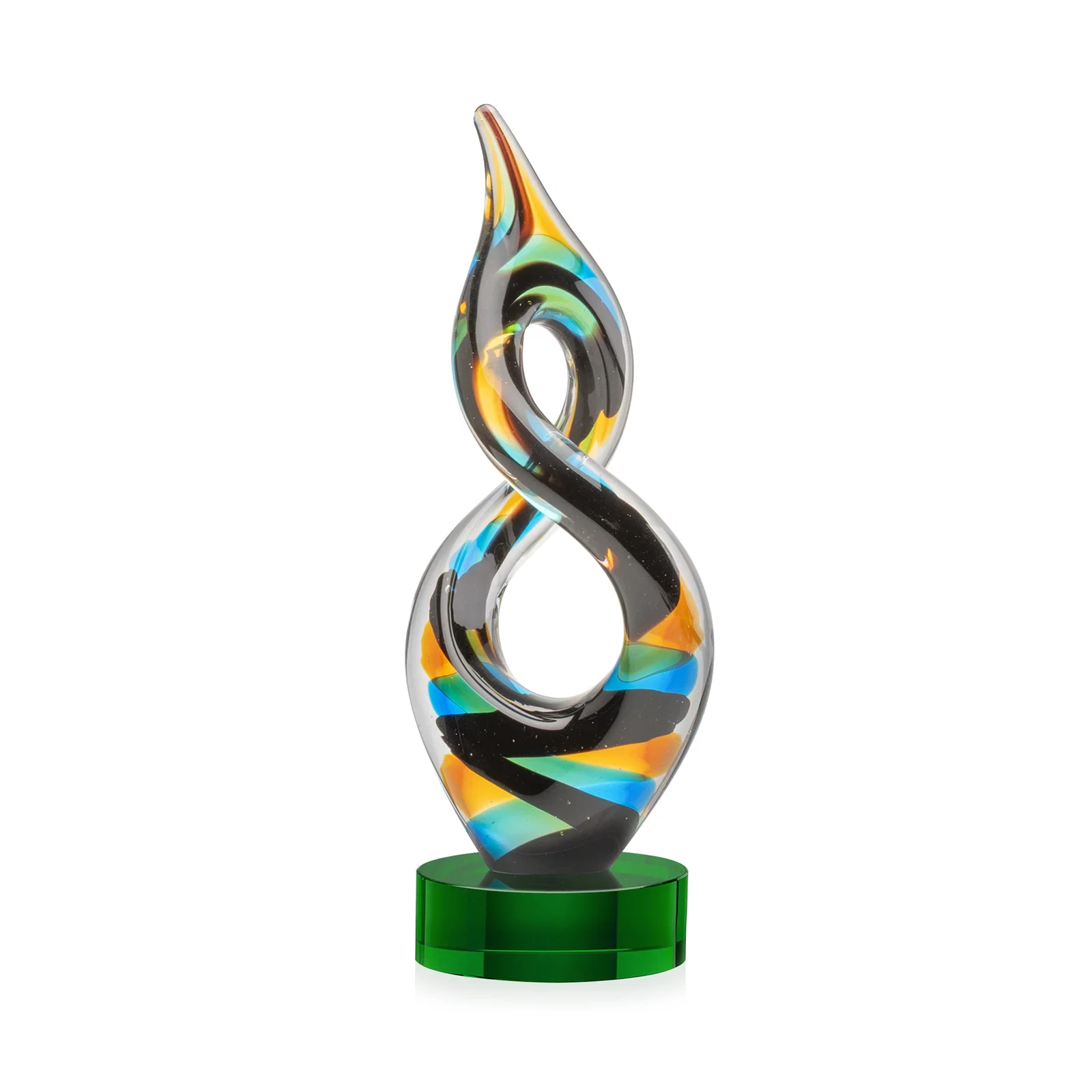 Promotional Glass Infinity Award With Blue, Teal, Amber, and Black Ribbons for employee recognition