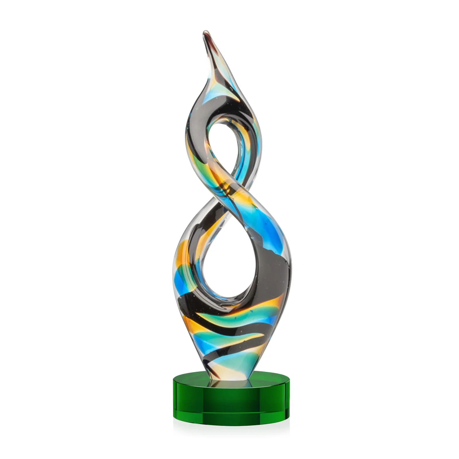 Promotional Glass Infinity Award With Blue, Teal, Amber, and Black Ribbons for corporate award ceremonies