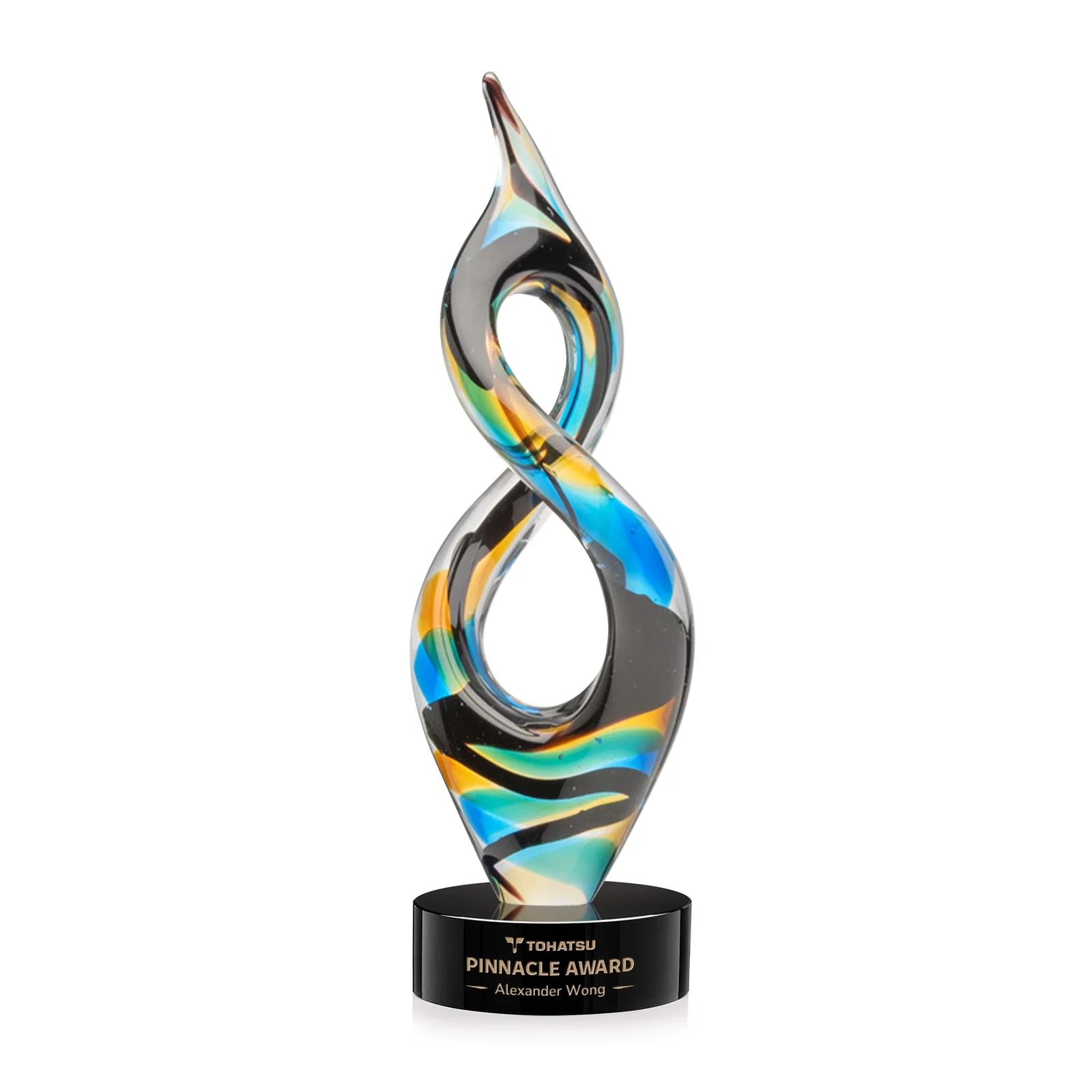Custom Glass Infinity Award With Blue, Teal, Amber, and Black Ribbons for service anniversary gifts