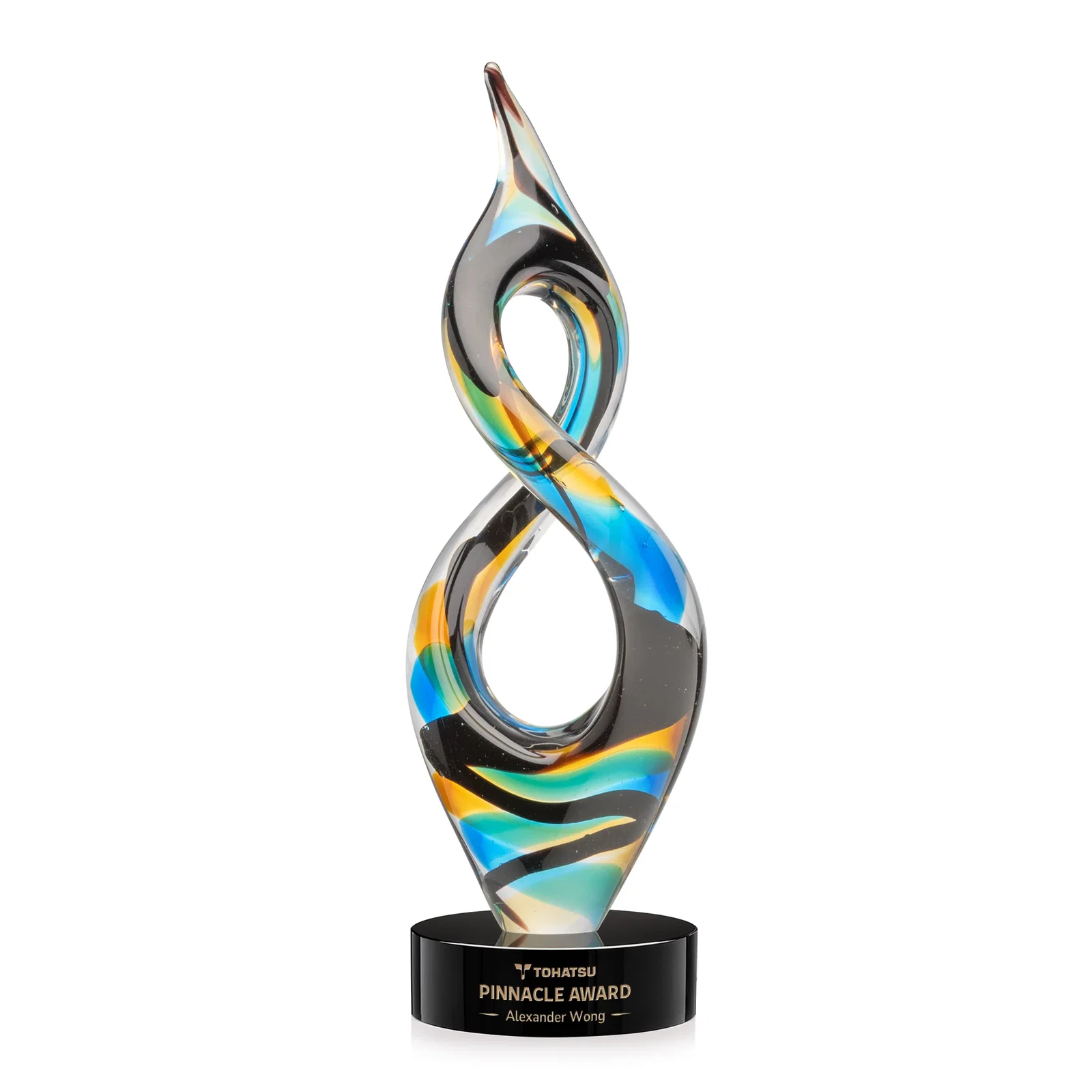 Custom Glass Infinity Award With Blue, Teal, Amber, and Black Ribbons for sales achievement awards