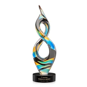 Glass Infinity Award With Blue, Teal, Amber, and Black Ribbons