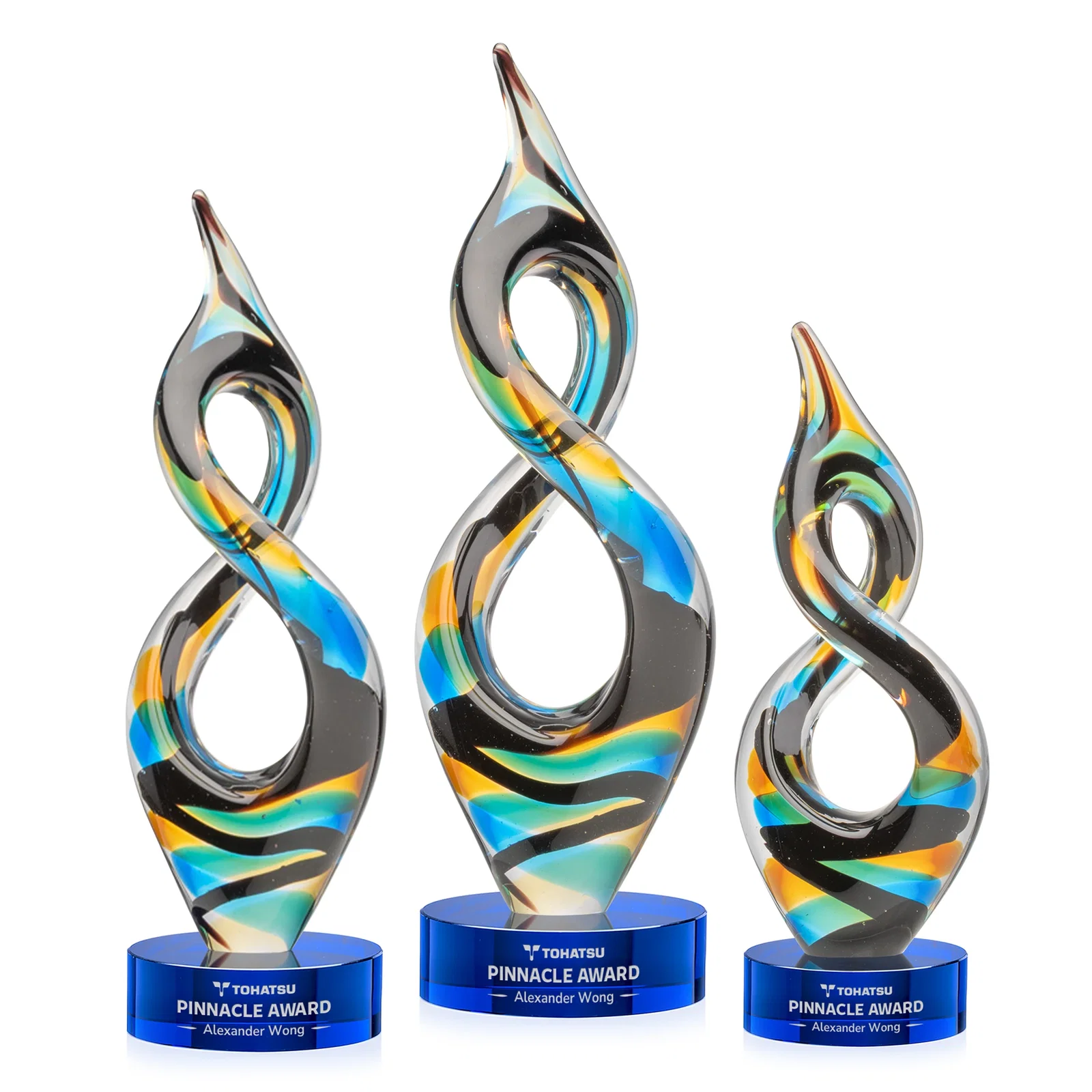 Custom Glass Infinity Award With Blue, Teal, Amber, and Black Ribbons for retirement presentations