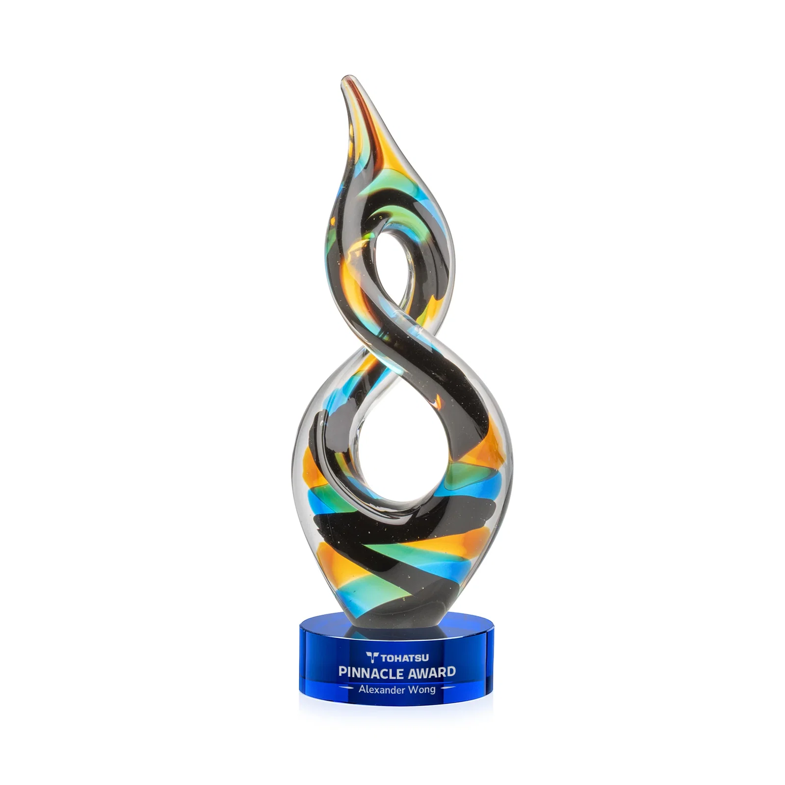 Custom Glass Infinity Award With Blue, Teal, Amber, and Black Ribbons for team milestone celebrations