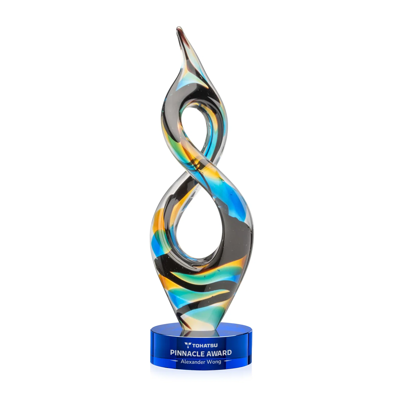 Custom Glass Infinity Award With Blue, Teal, Amber, and Black Ribbons for donor appreciation