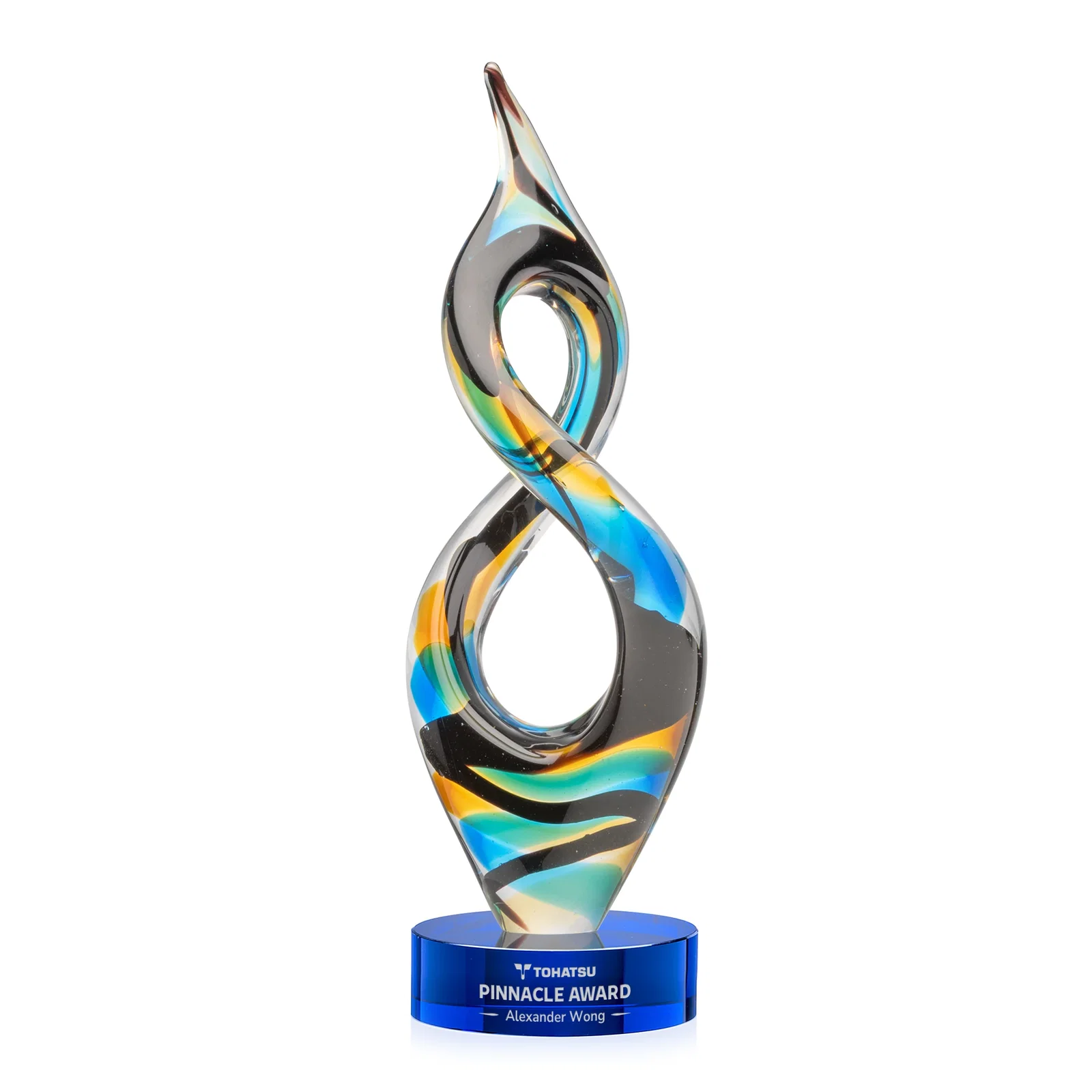 Custom Glass Infinity Award With Blue, Teal, Amber, and Black Ribbons for graduation ceremonies