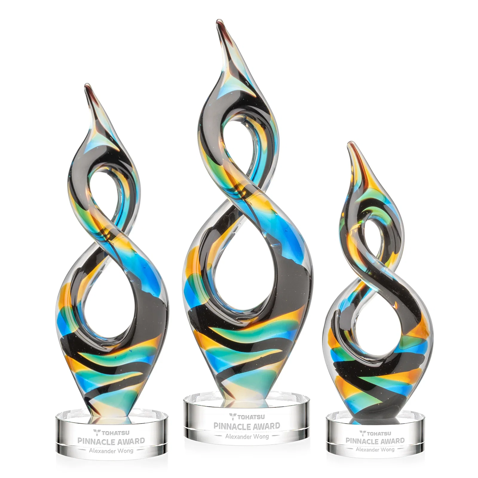 Custom Glass Infinity Award With Blue, Teal, Amber, and Black Ribbons for safety achievement programs