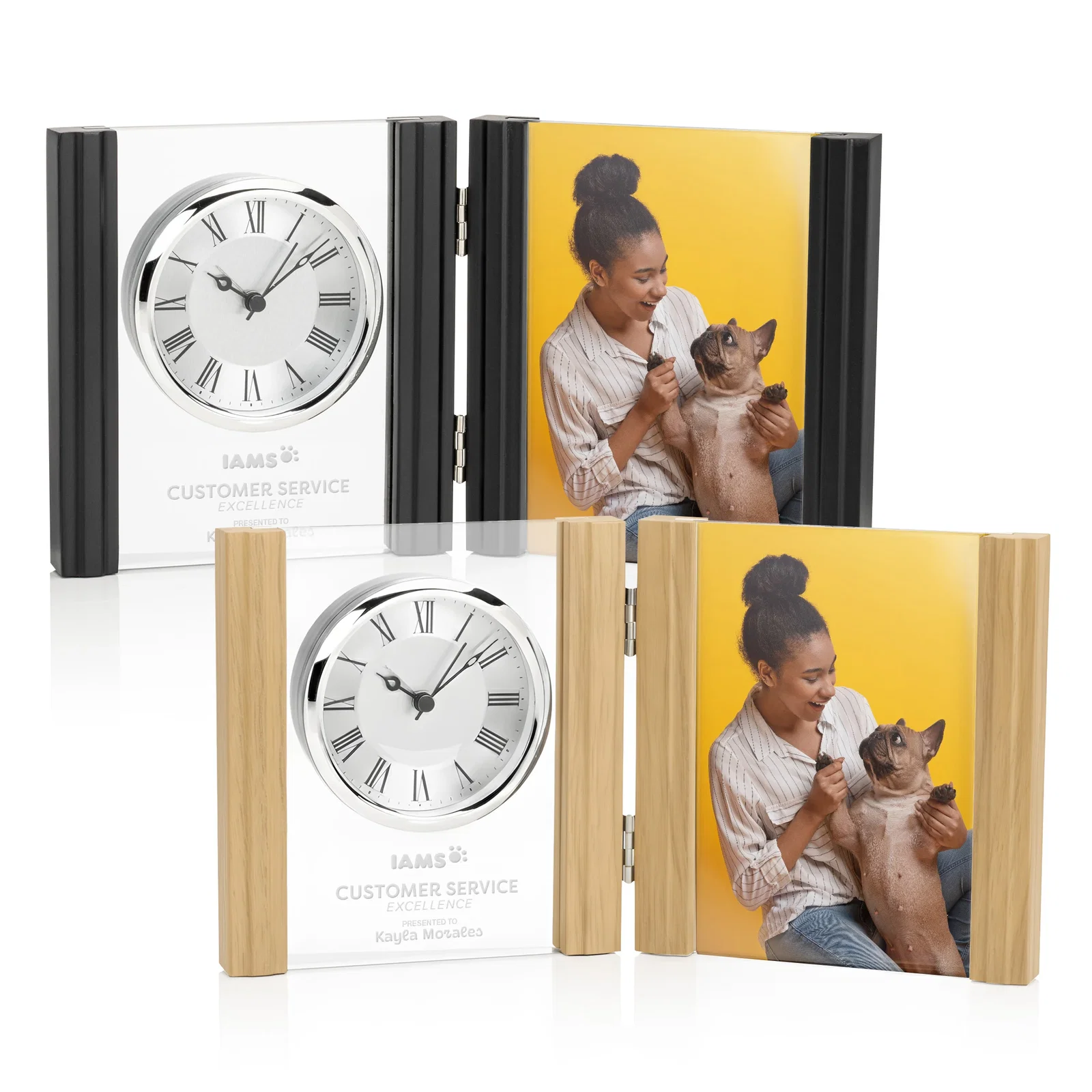 Custom Beechwood Desk Clock and Photo Frame Combo for employee recognition