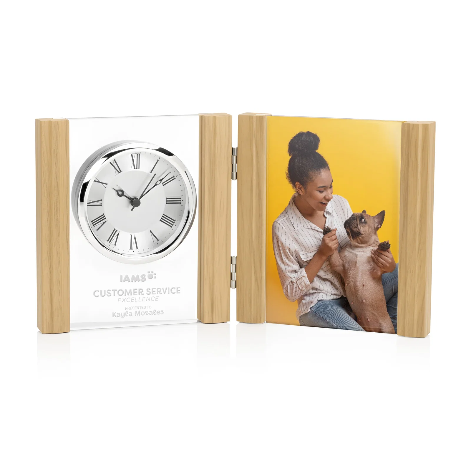 Custom Beechwood Desk Clock and Photo Frame Combo for corporate award ceremonies