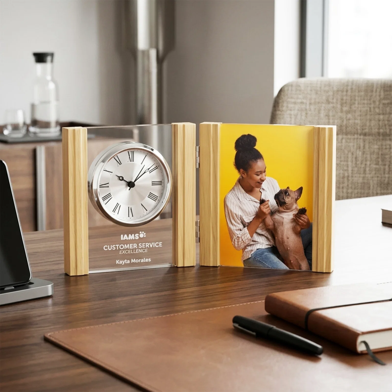Custom Beechwood Desk Clock and Photo Frame Combo for retirement presentations