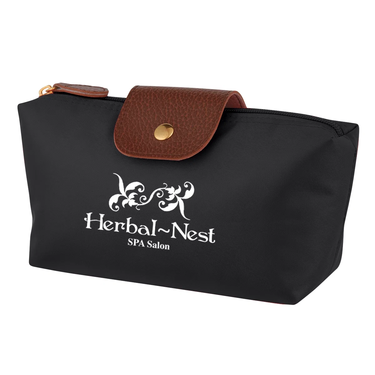 Front of the cosmetic vanity bag with leatherette trim