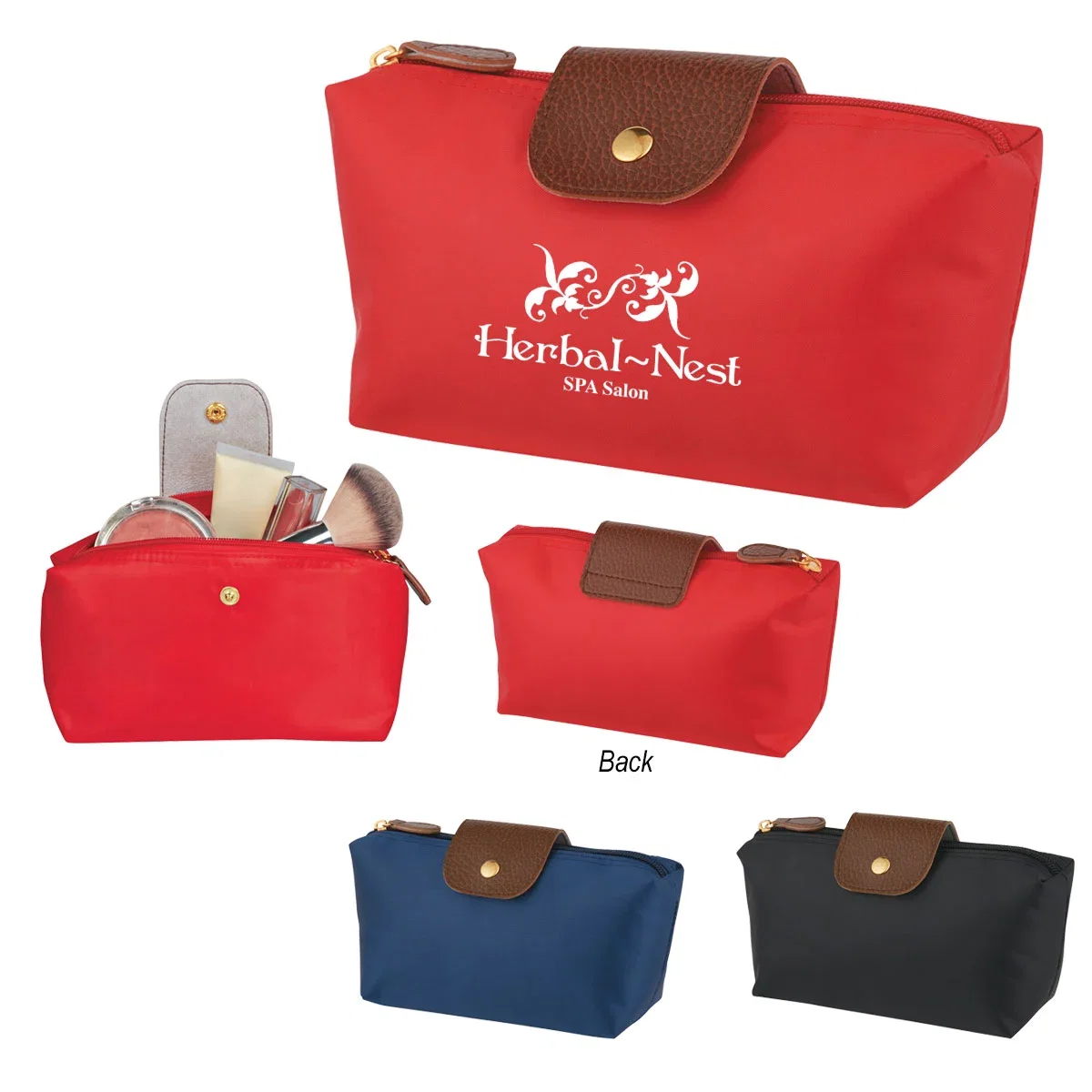 Cosmetic vanity bag with contrast leatherette accents shown closed