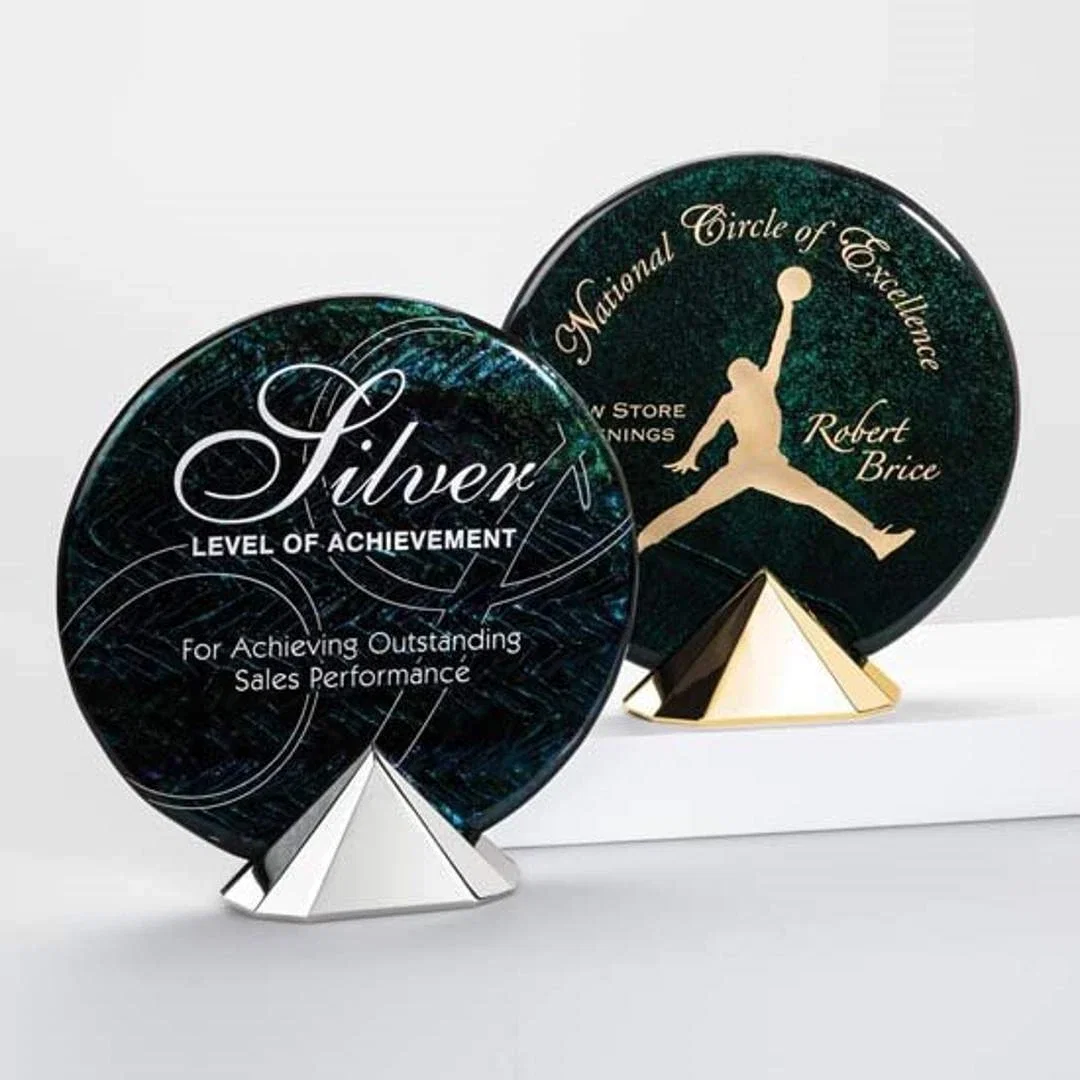 Custom Glass Herringbone Round Award on Faceted Pyramid Base for employee recognition