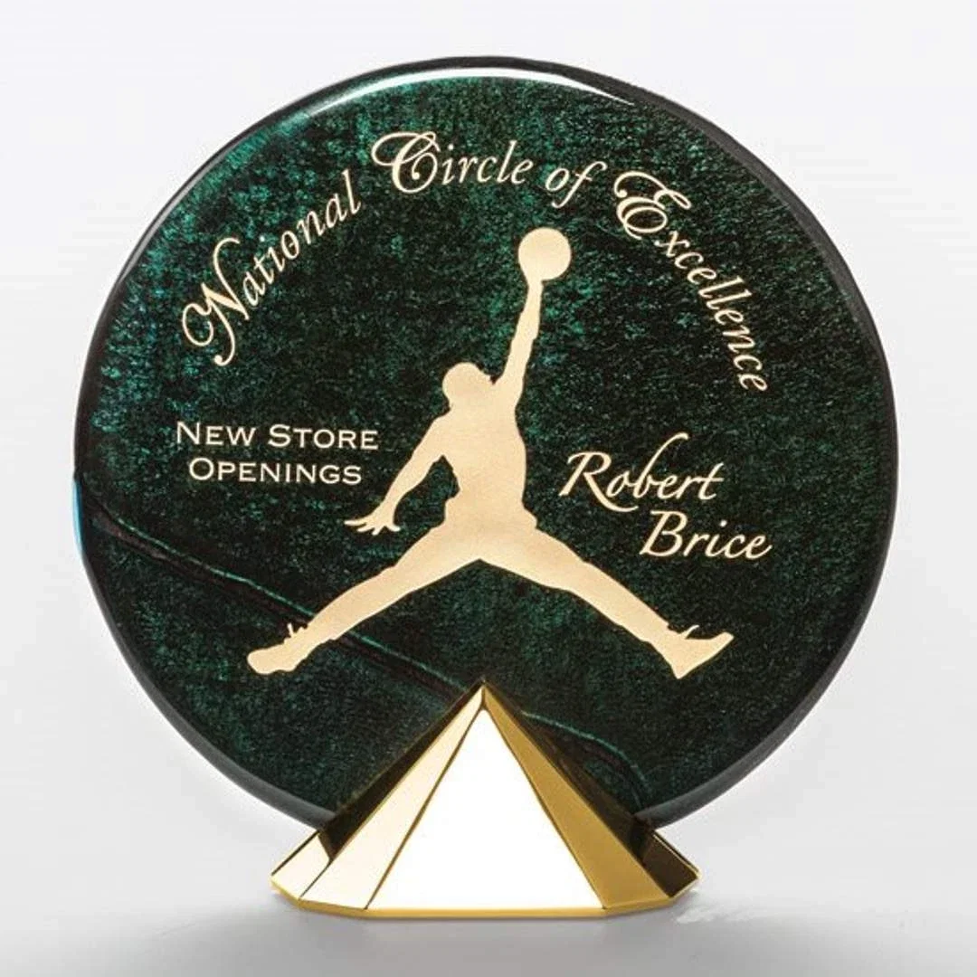 Custom Glass Herringbone Round Award on Faceted Pyramid Base for corporate award ceremonies