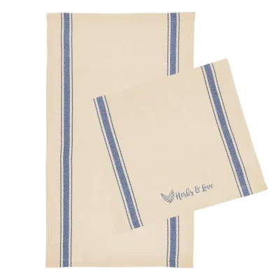Striped cotton tea towel laid flat and unfolded