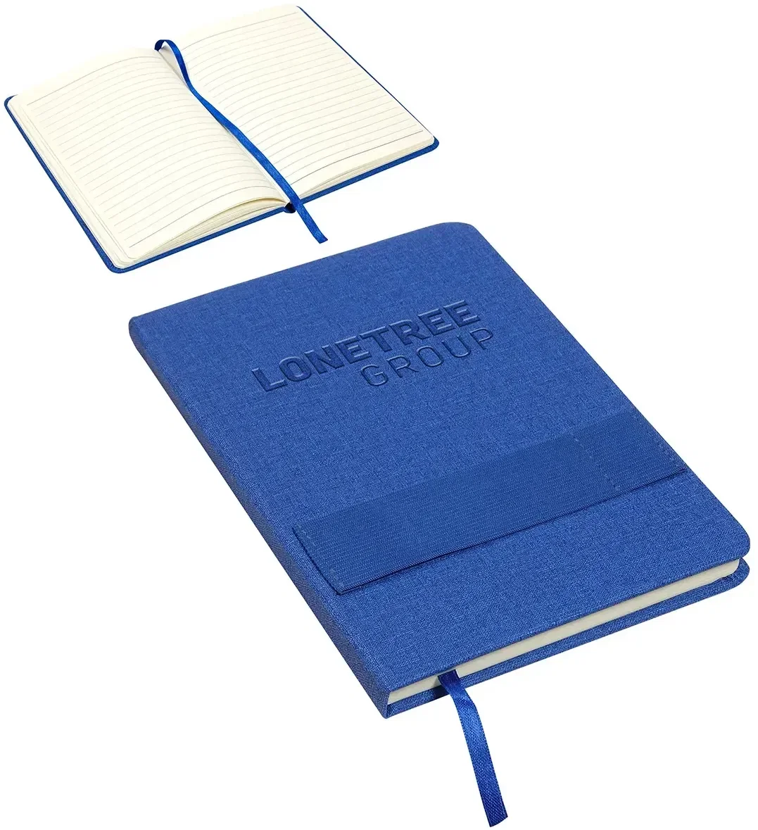 Branded hardcover journal open showing lined pages and pen loop