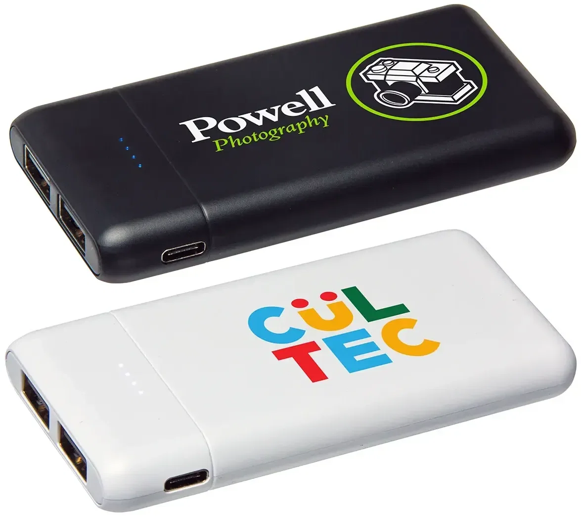 Counsel 5000mAh dual-USB power bank with custom logo, front view of branded portable charger