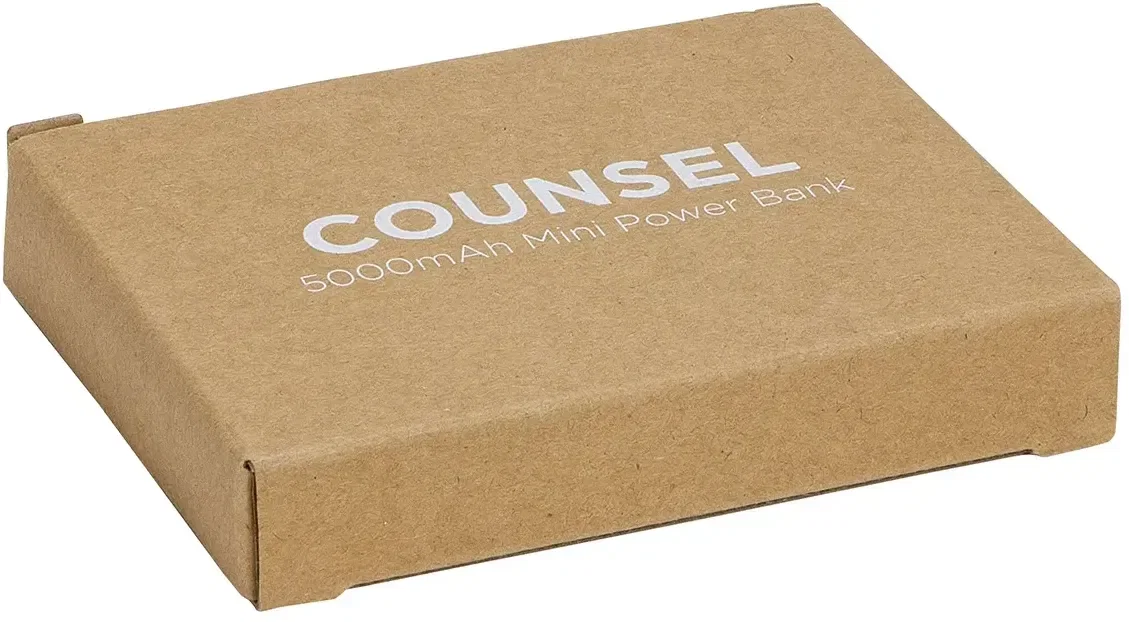 Side profile of the promotional Counsel dual-USB power bank showing both charging ports