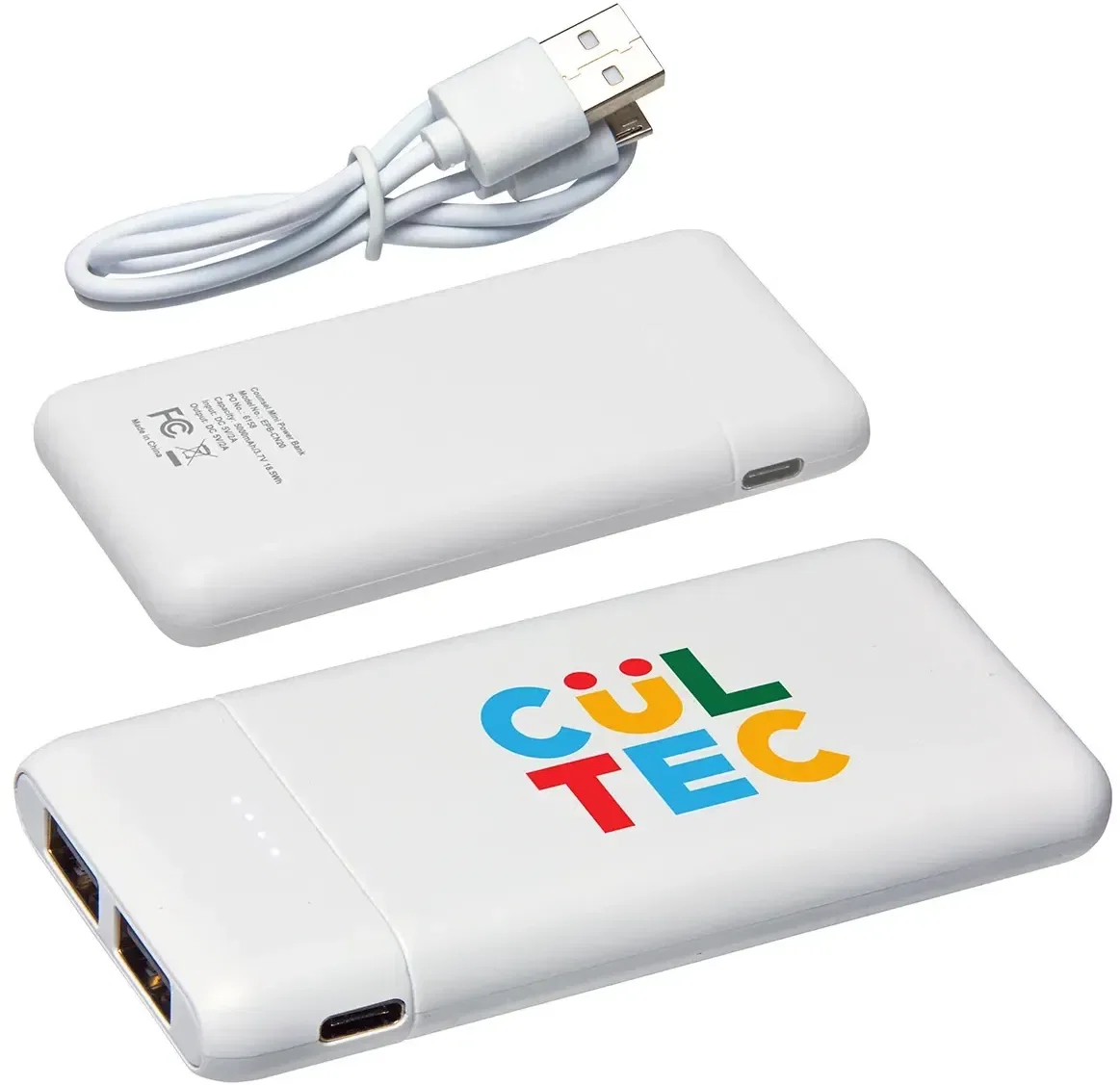 Close-up of the two USB ports on the custom Counsel 5000mAh portable charger