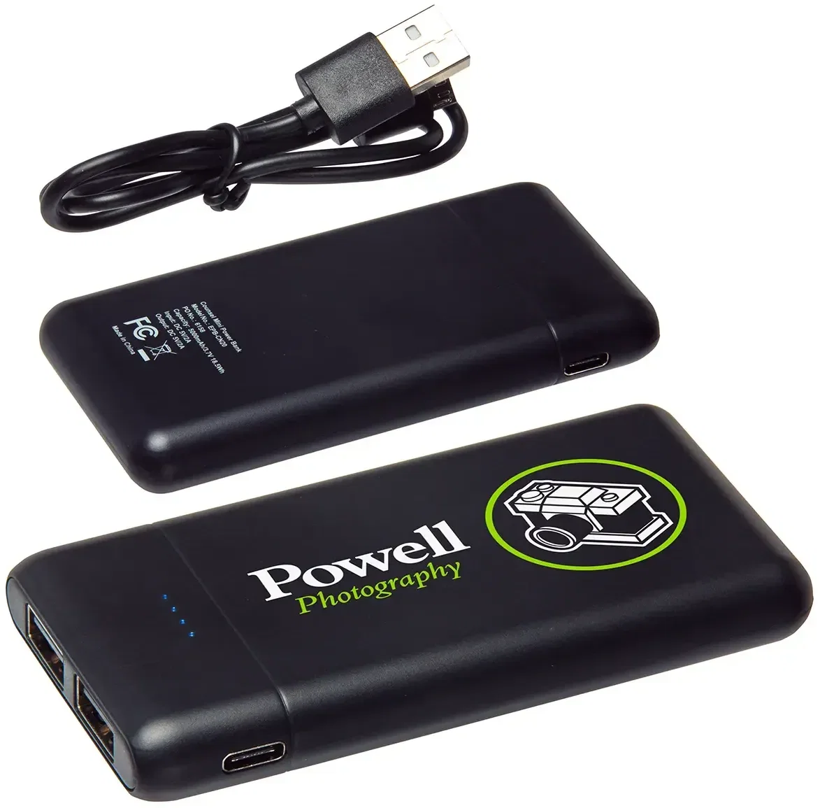 Angled view of the branded Counsel dual-USB promotional power bank