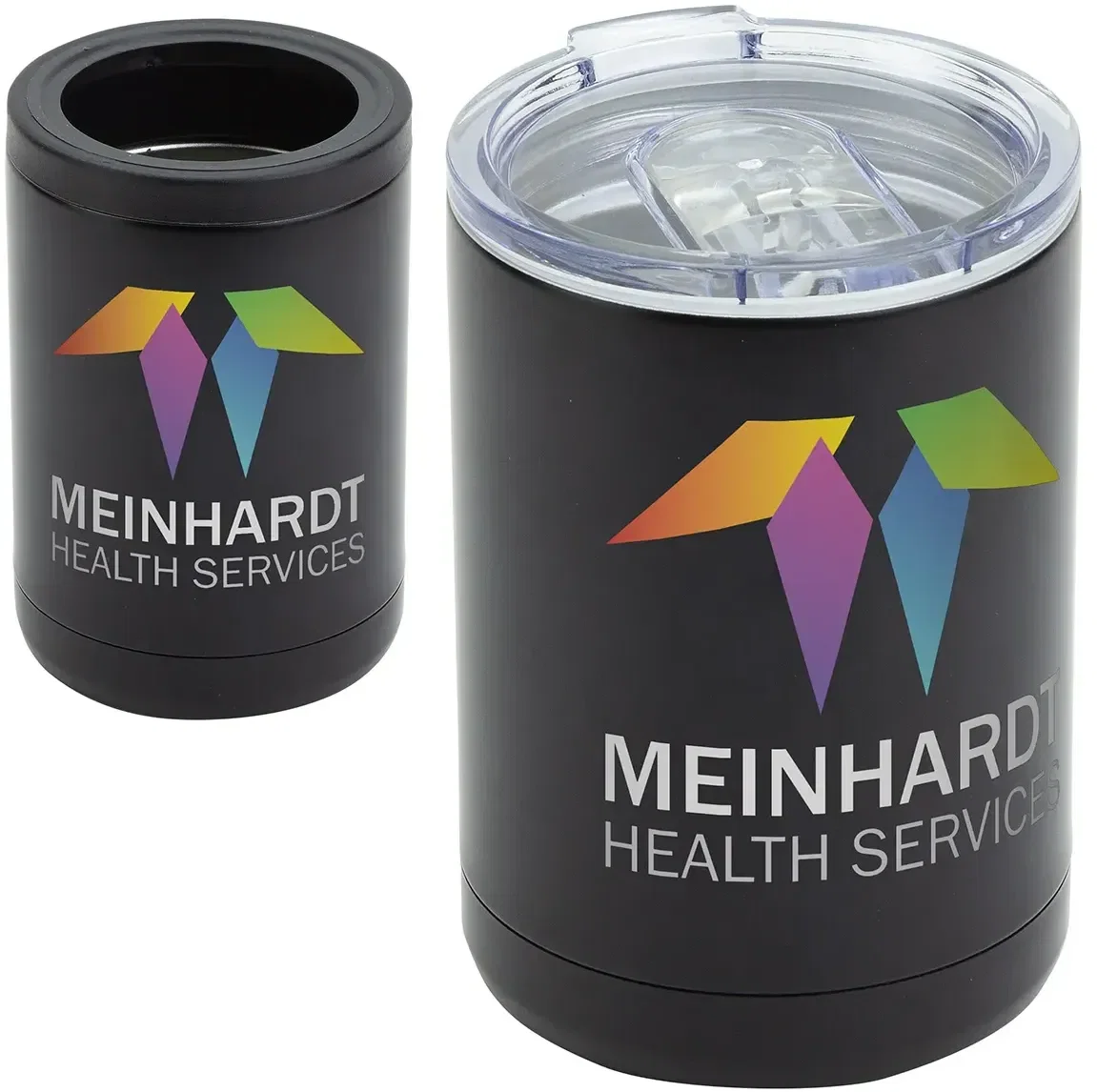 Coventry promotional tumbler and can cooler, side view showing dual-use design