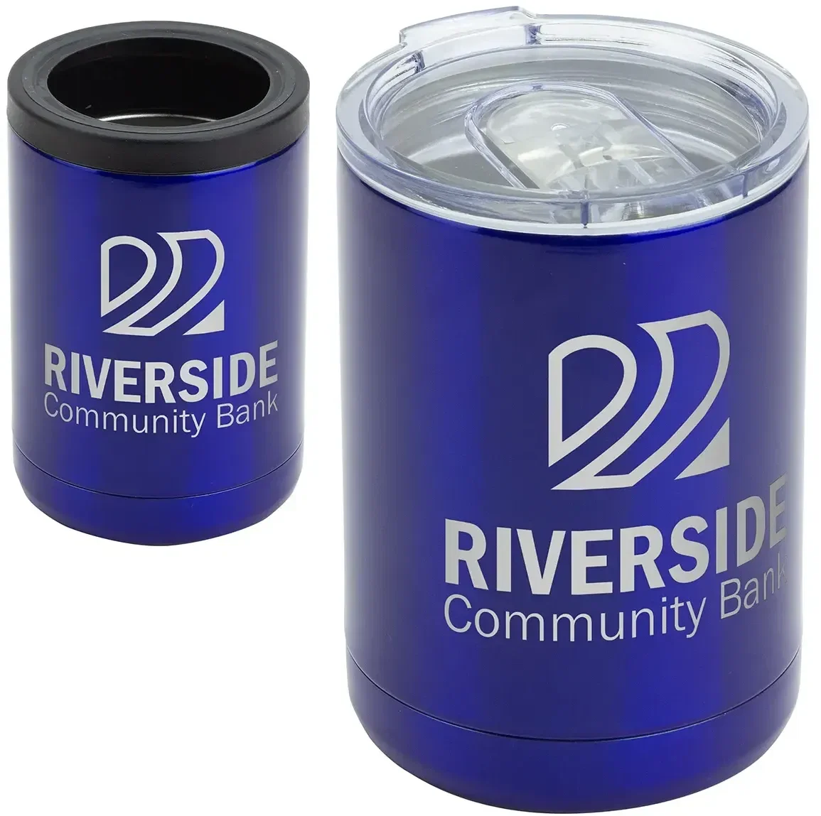 Coventry branded tumbler holding a can, custom can cooler in use with logo