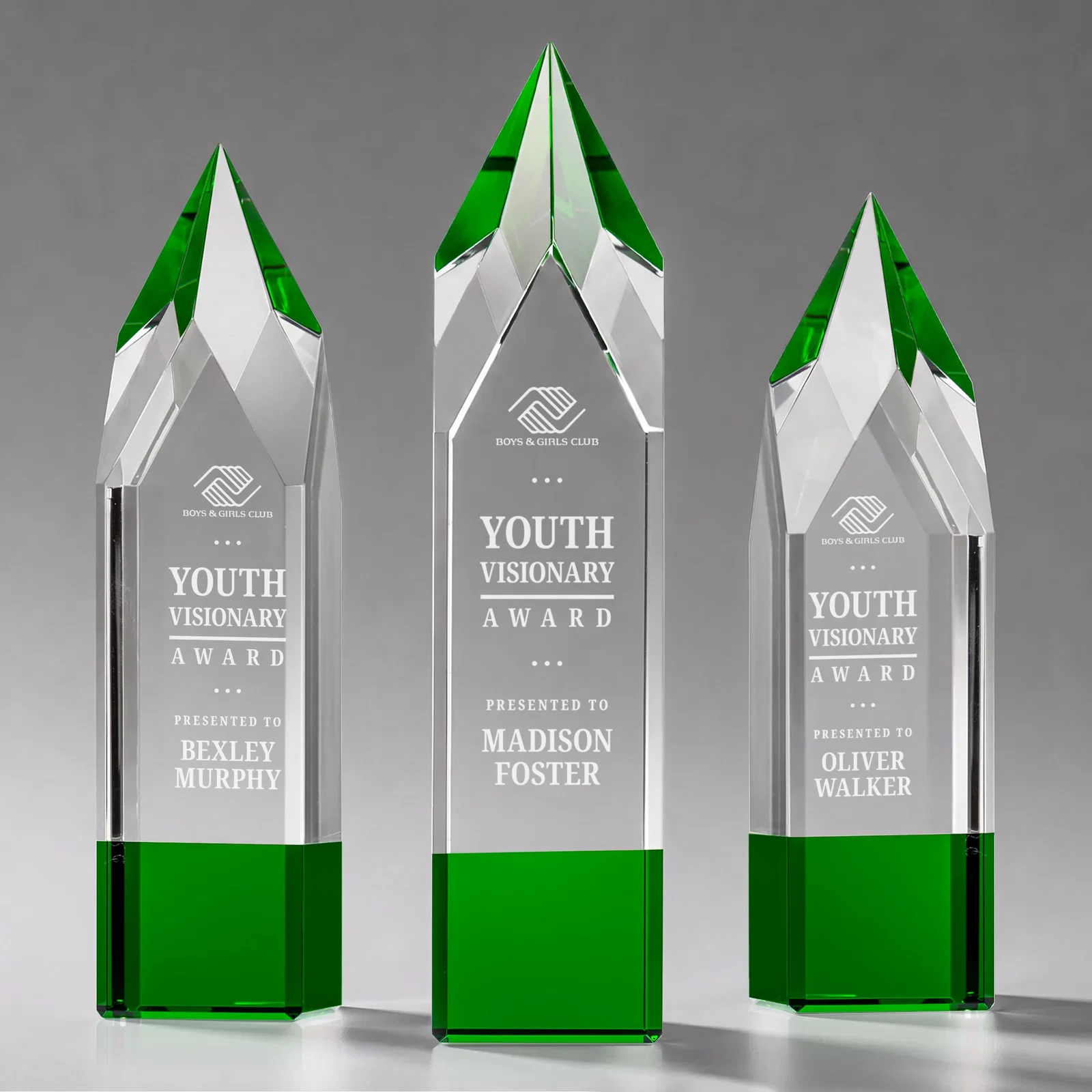 Custom Emerald and Clear Optical Crystal Tower Award with Subsurface Etching for employee recognition