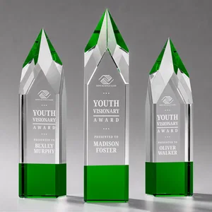 Emerald and Clear Optical Crystal Tower Award with Subsurface Etching