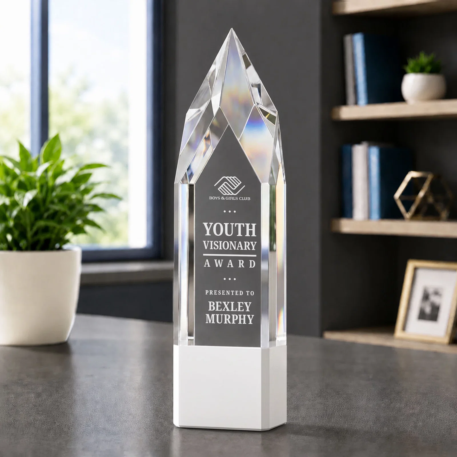 Custom Emerald and Clear Optical Crystal Tower Award with Subsurface Etching for volunteer appreciation