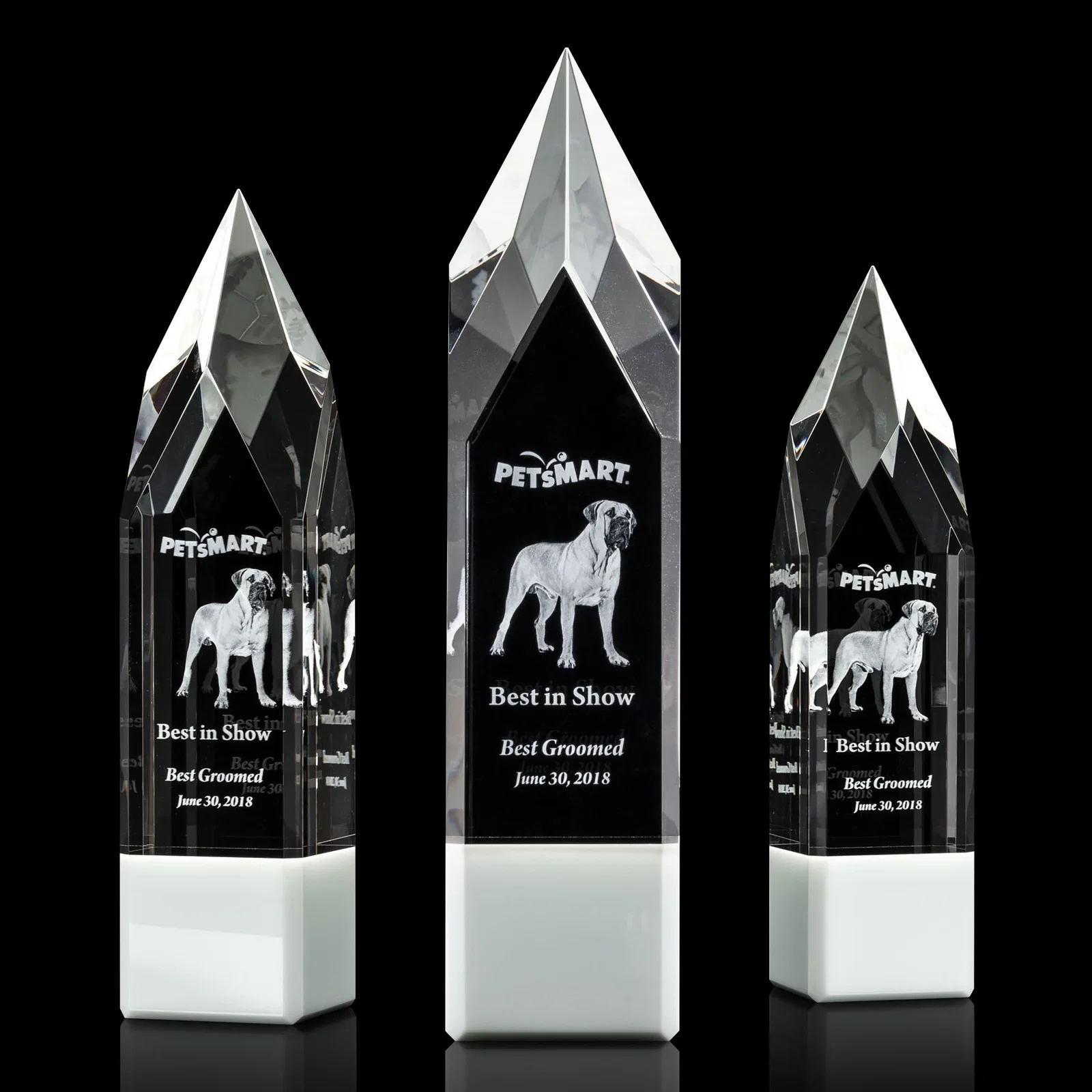 Custom Emerald and Clear Optical Crystal Tower Award with Subsurface Etching for dealer and partner awards