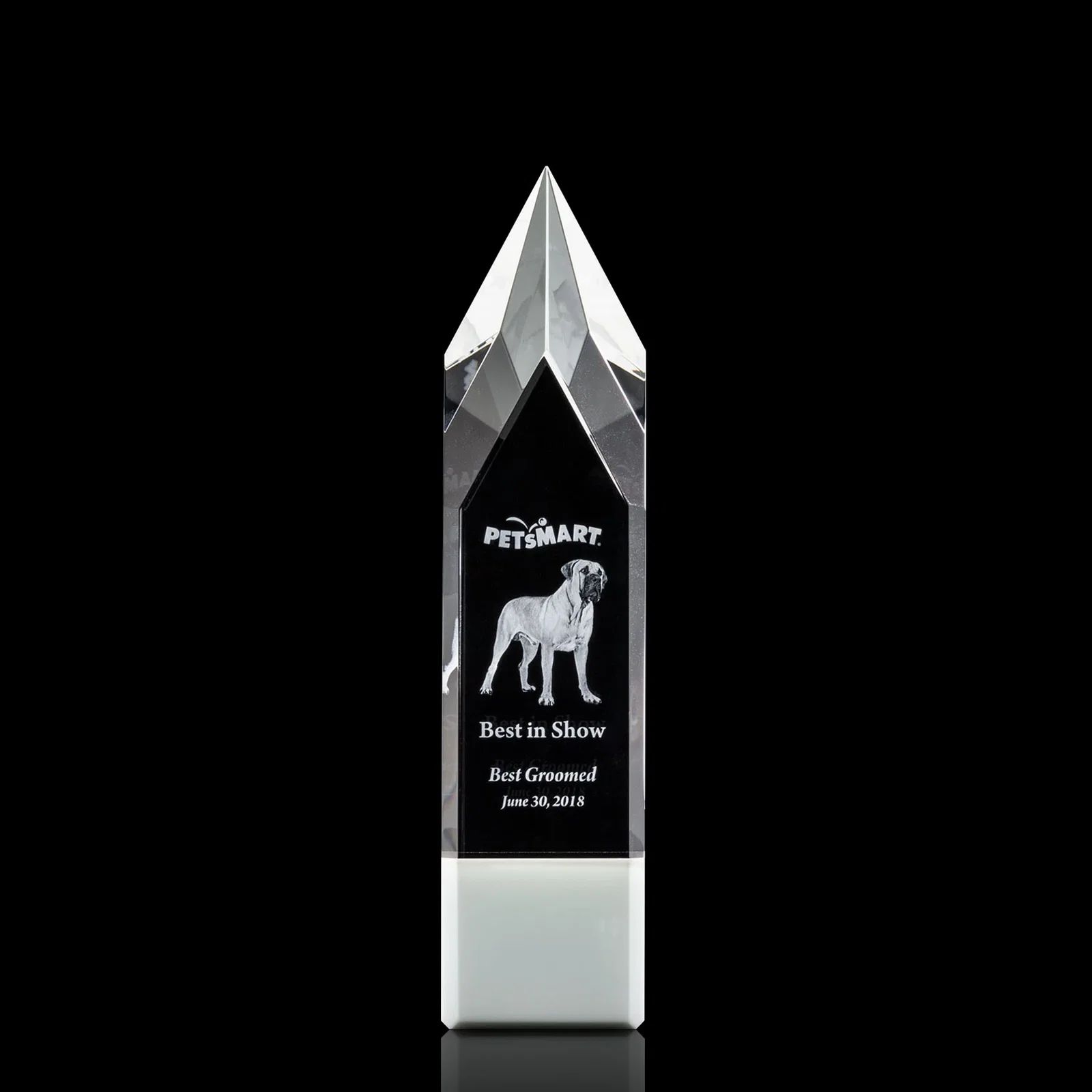 Custom Emerald and Clear Optical Crystal Tower Award with Subsurface Etching for company anniversary events