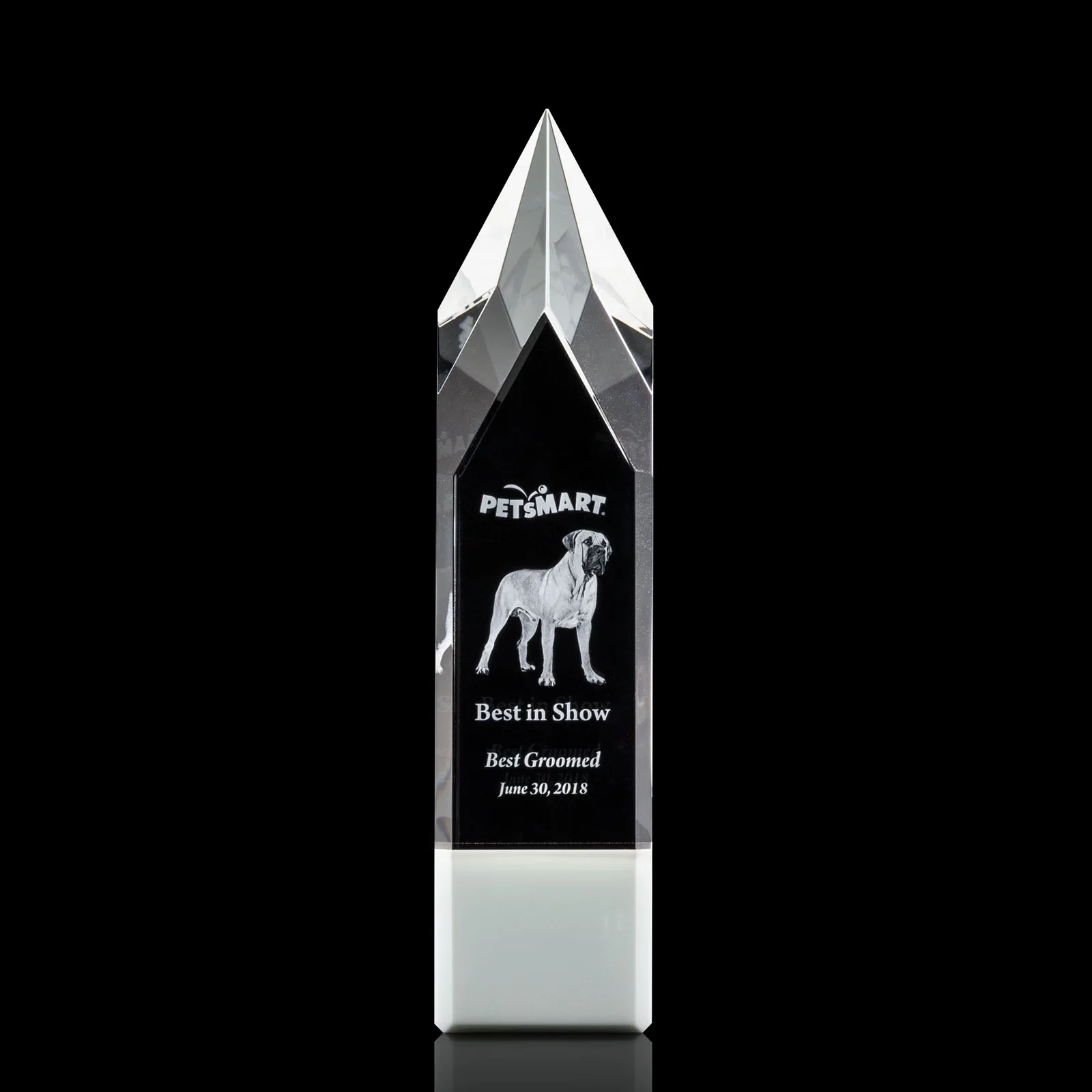 Personalized Emerald and Clear Optical Crystal Tower Award with Subsurface Etching for employee recognition
