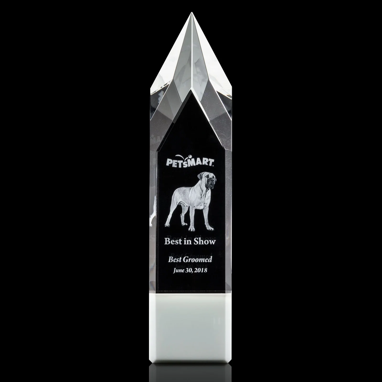 Personalized Emerald and Clear Optical Crystal Tower Award with Subsurface Etching for corporate award ceremonies